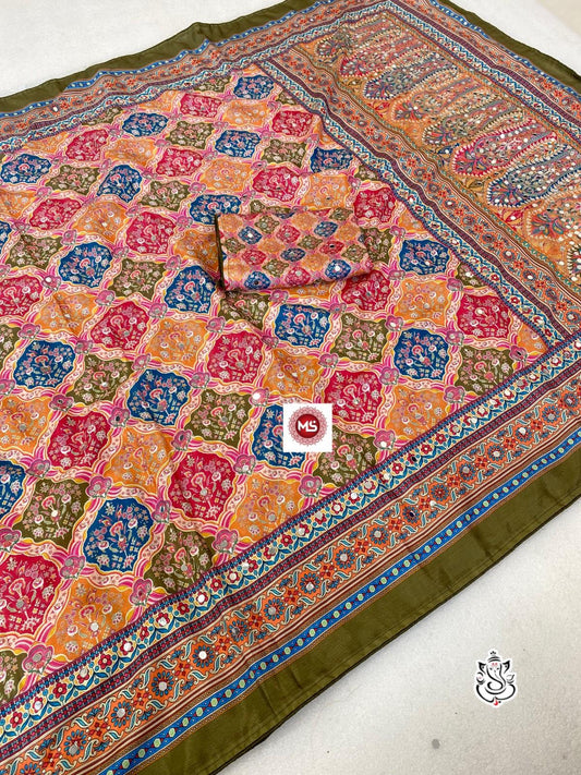 New Soft Chinon Silk Saree with Designer Mirror Handwork