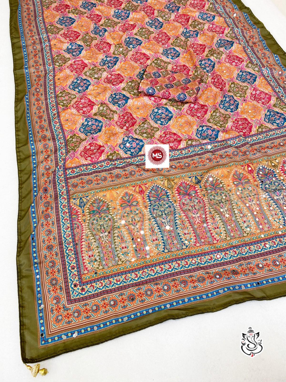 New Soft Chinon Silk Saree with Designer Mirror Handwork