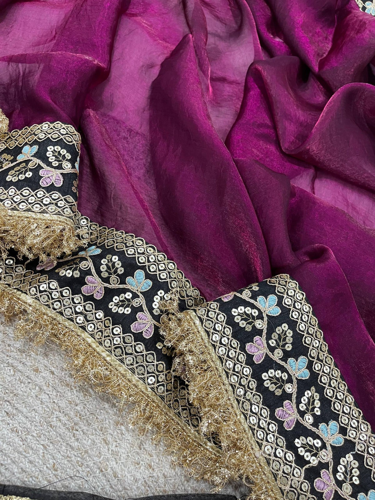 Rangriti Magenta Designer Embroidered Satin Saree