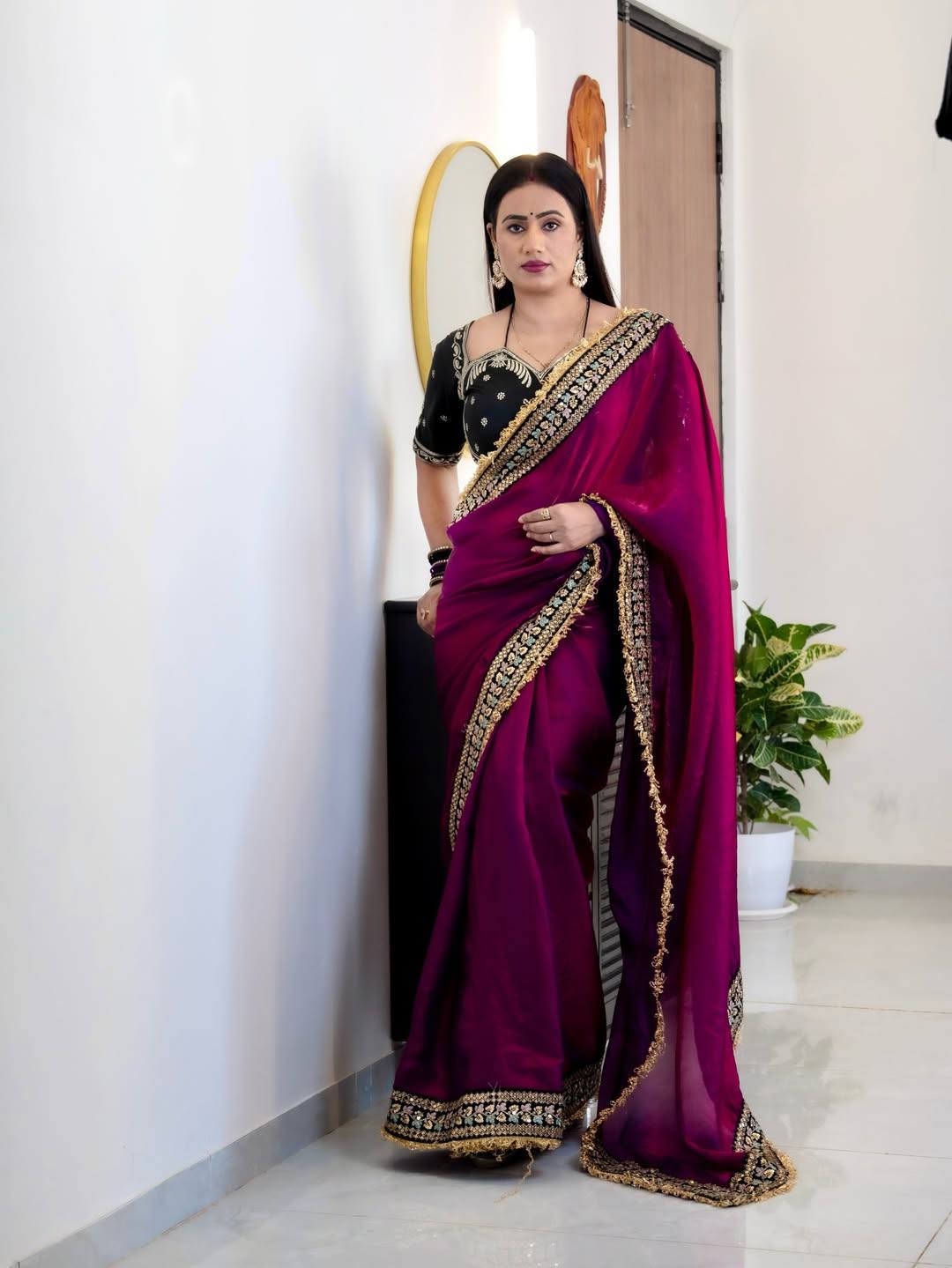 Rangriti Magenta Designer Embroidered Satin Saree
