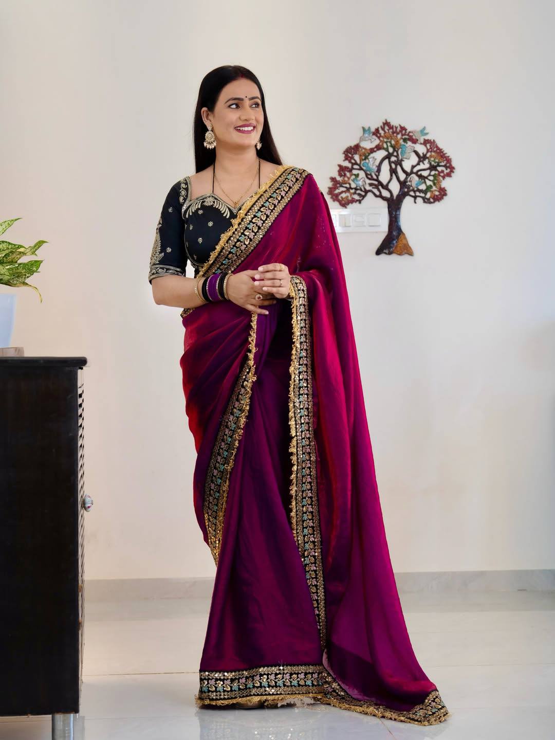 Rangriti Magenta Designer Embroidered Satin Saree