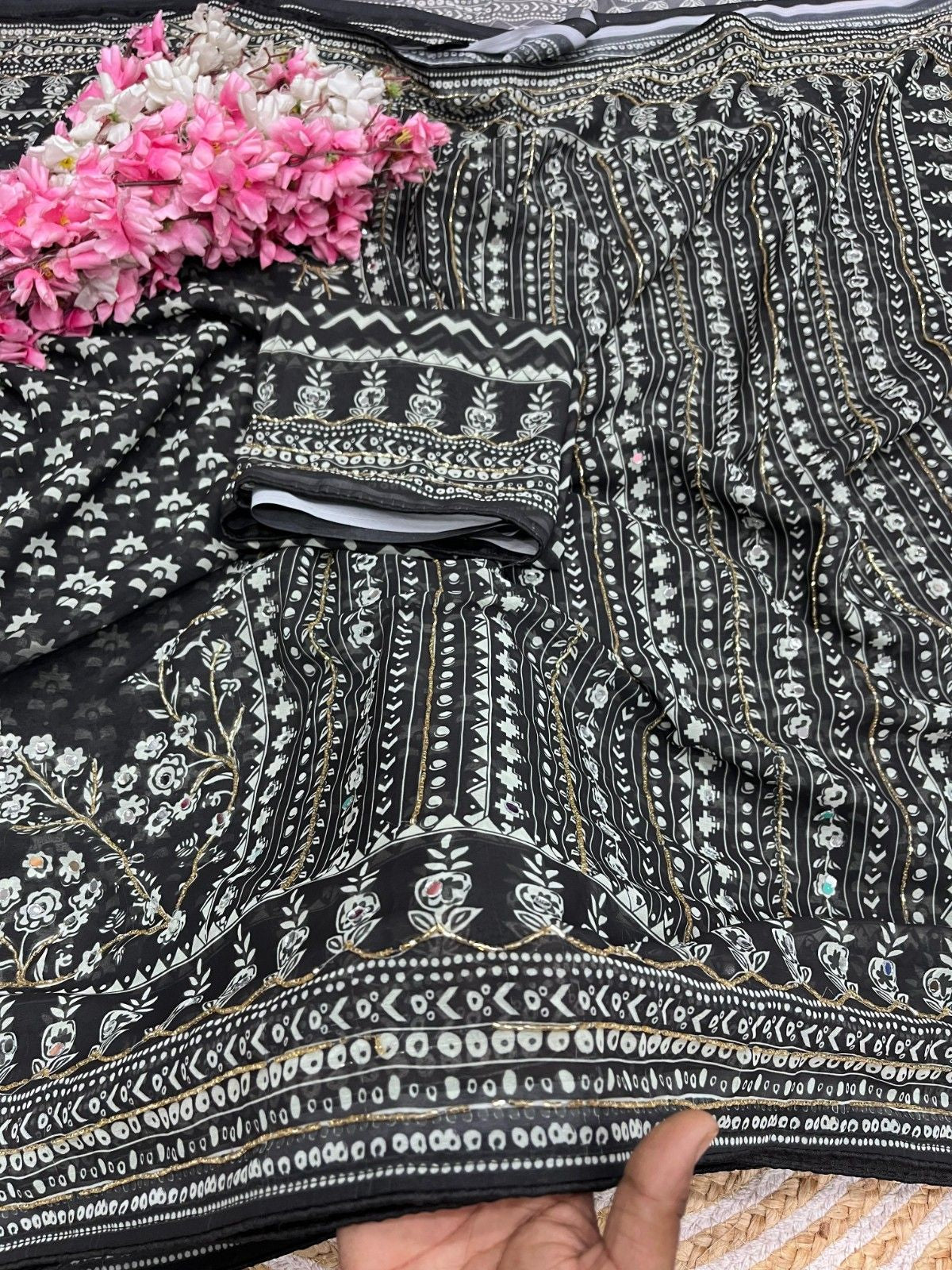 Celebrity Style Designer Georgette Saree with Mirror Work