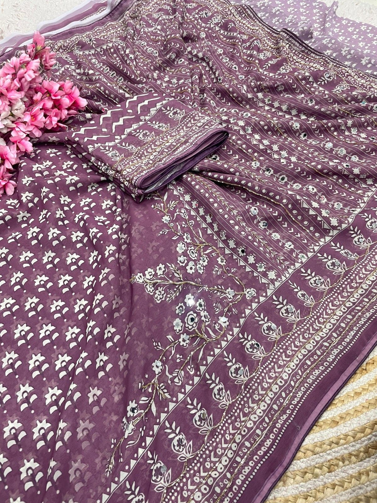 Celebrity Style Designer Georgette Saree with Mirror Work