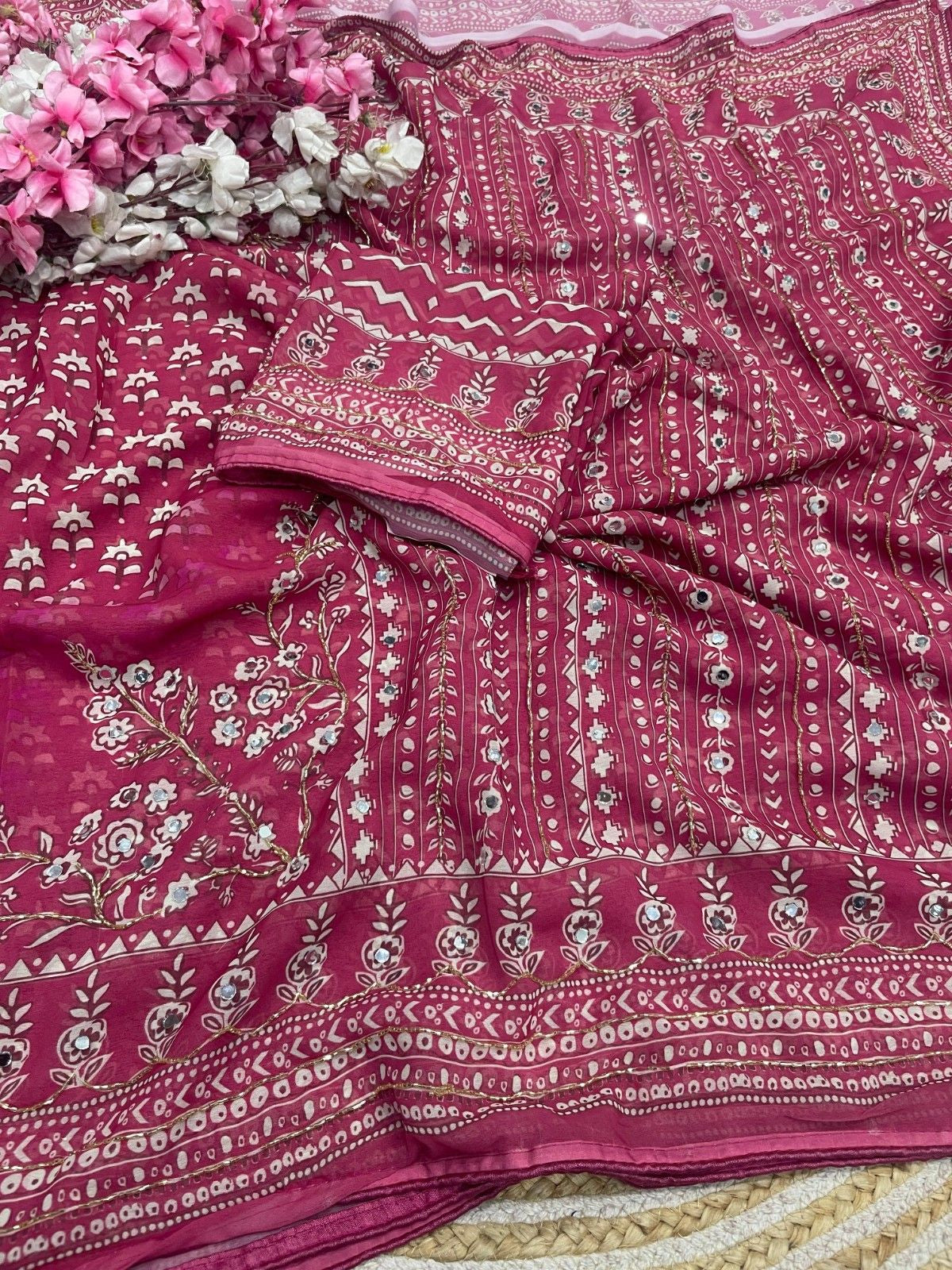 Celebrity Style Designer Georgette Saree with Mirror Work