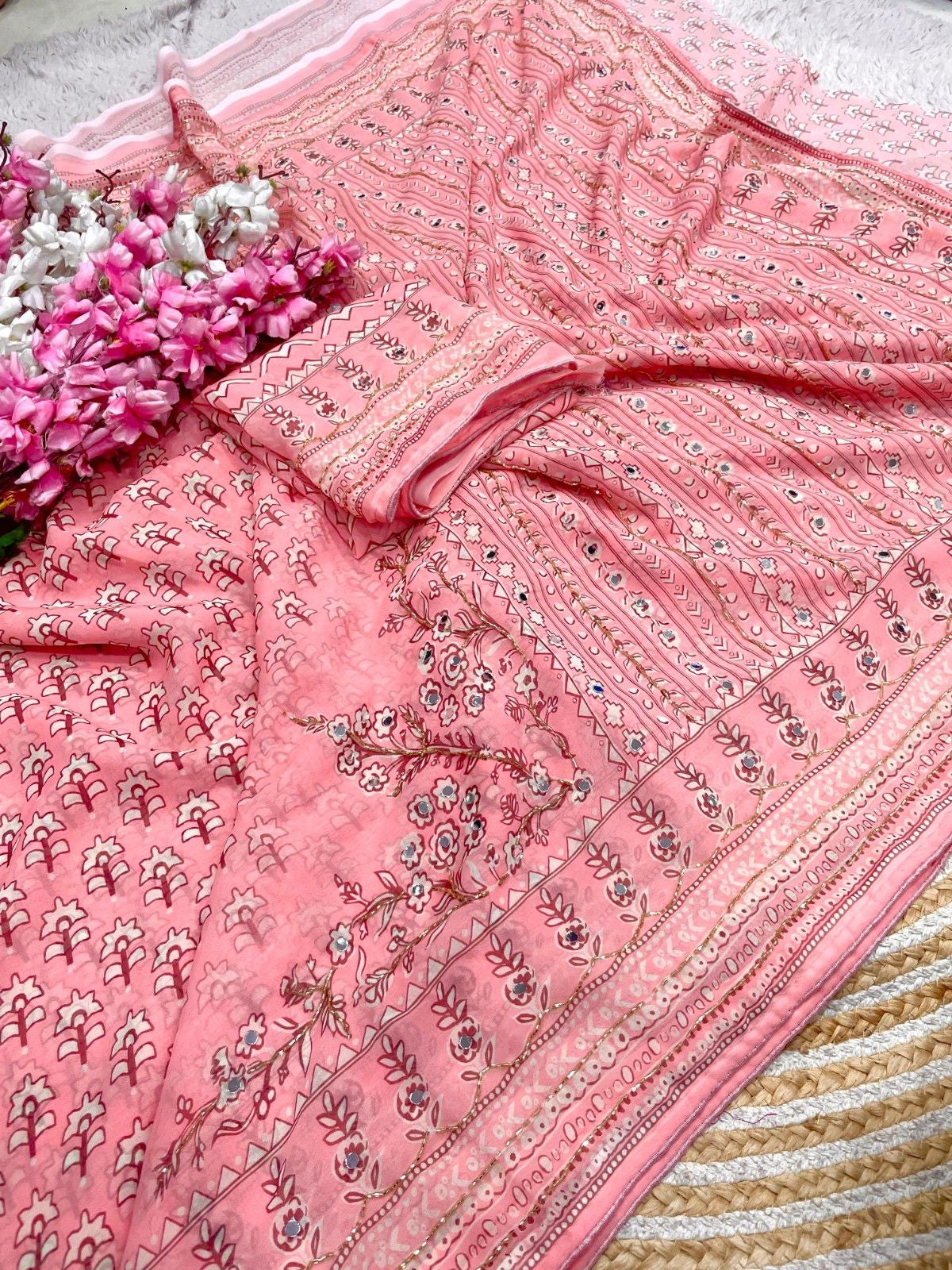 Celebrity Style Designer Georgette Saree with Mirror Work