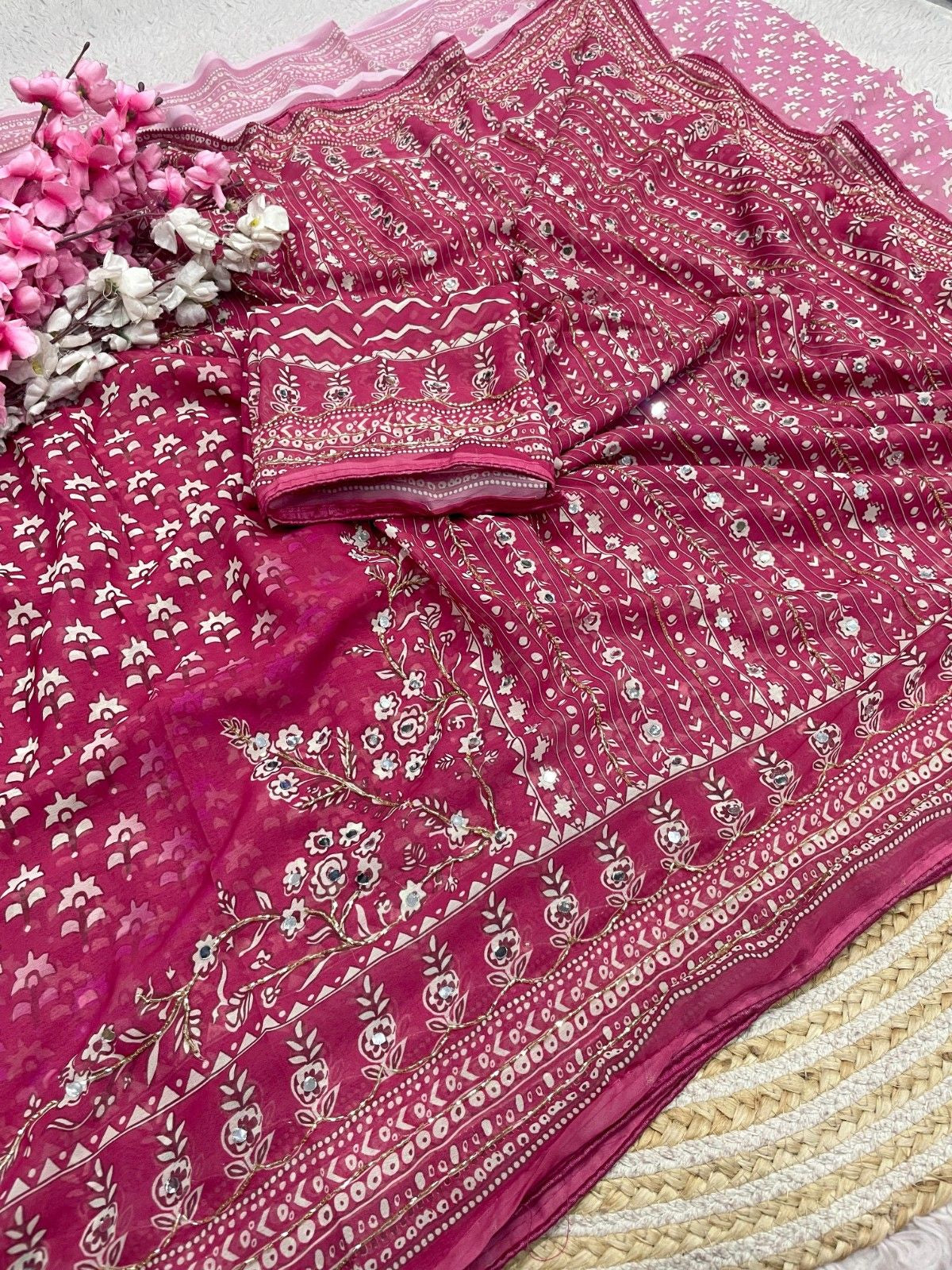 Celebrity Style Designer Georgette Saree with Mirror Work