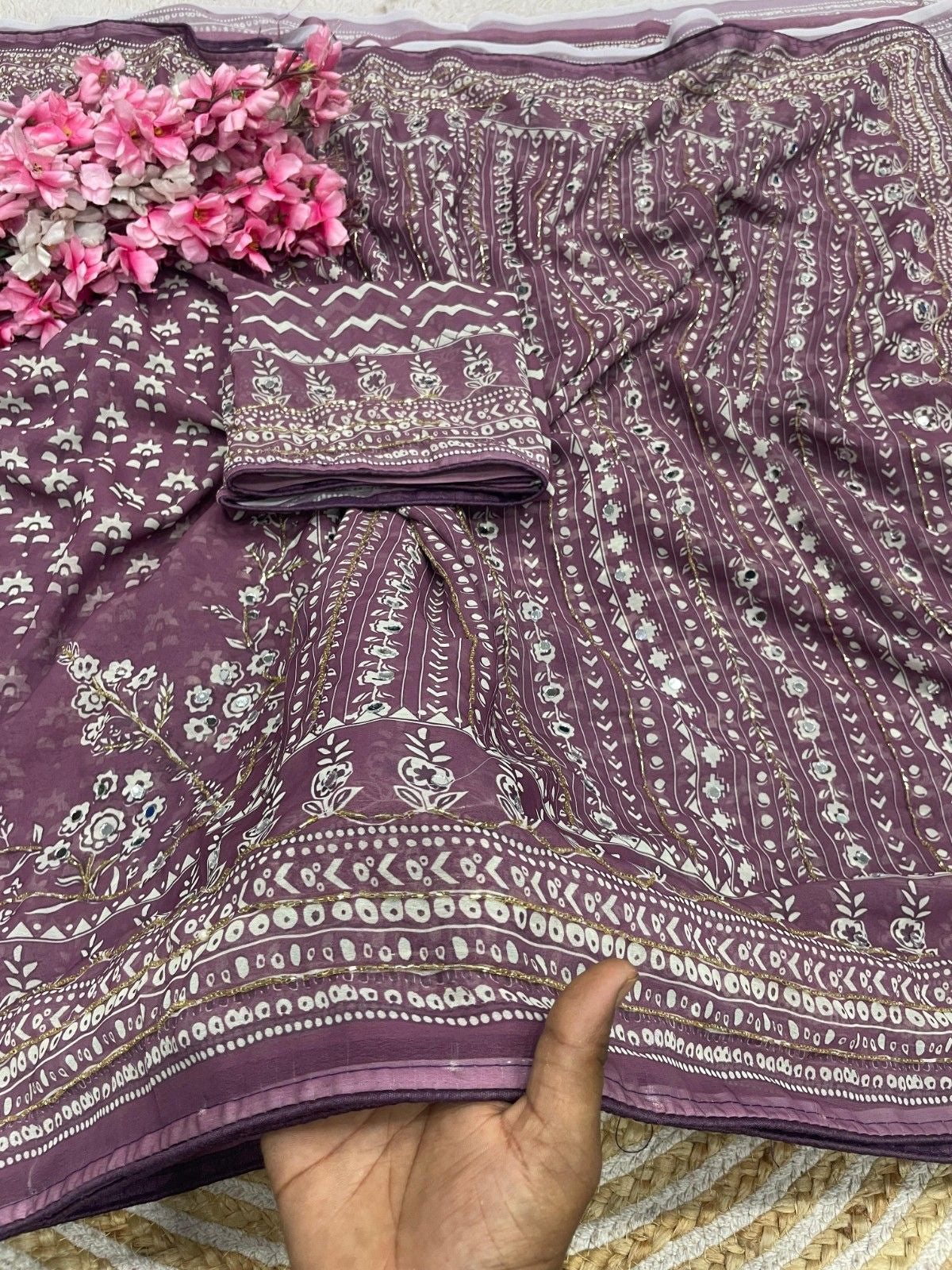 Celebrity Style Designer Georgette Saree with Mirror Work