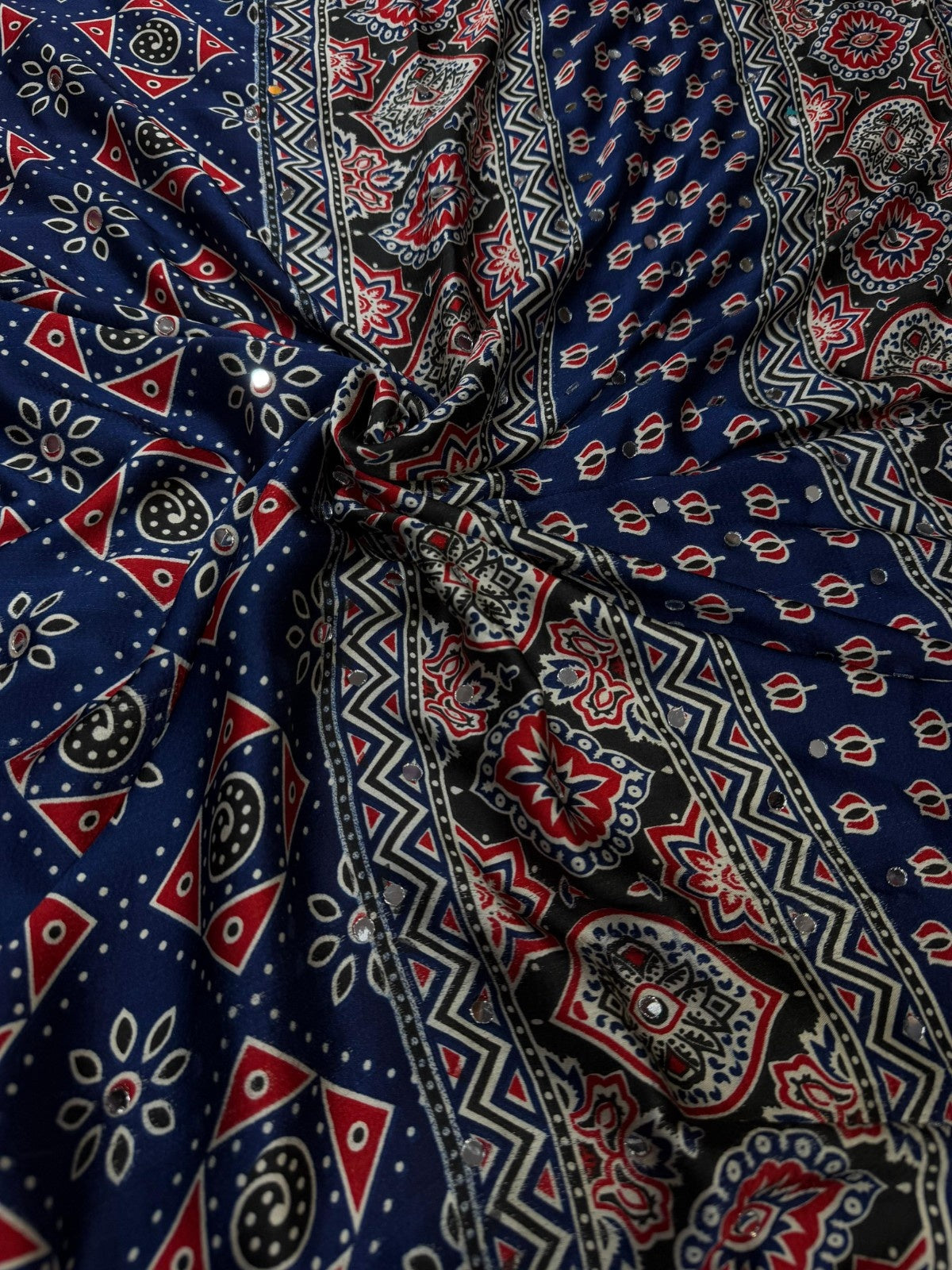 Soft Japan Satin Ajrakh Print Mirror Work Saree with Tassels