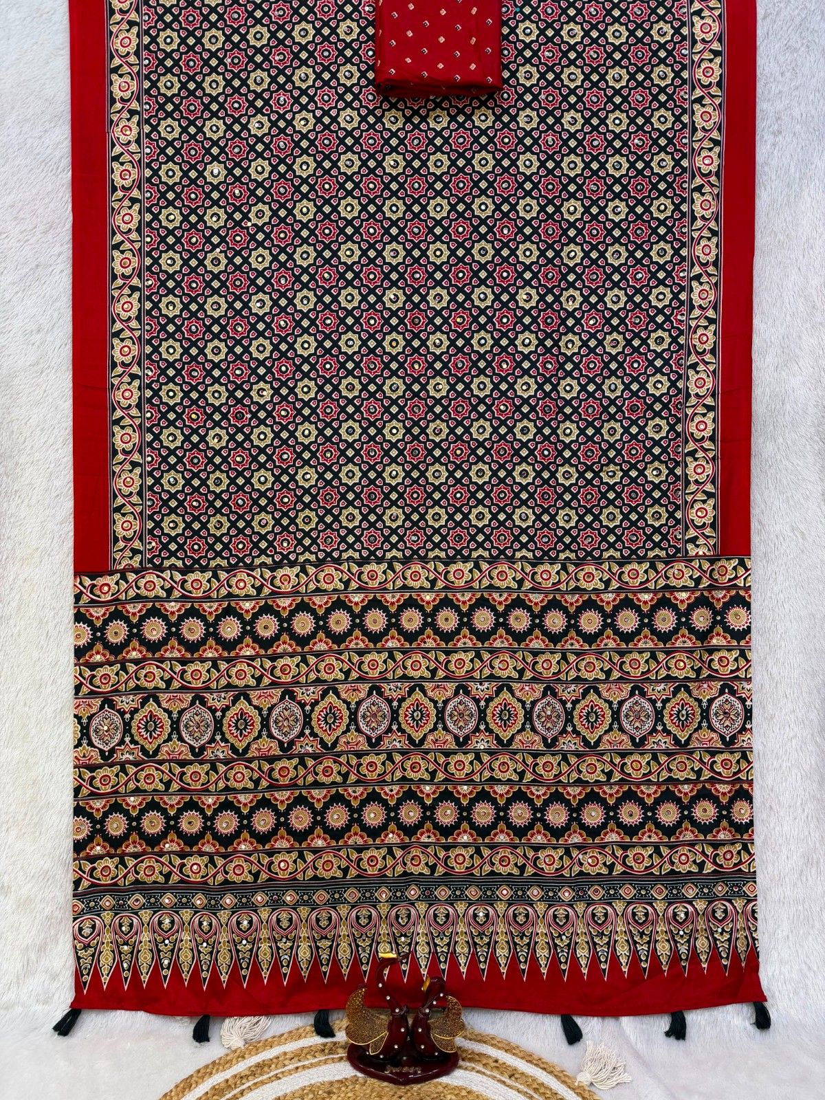 Soft Satin Crepe Ajrakh Print Mirror Work Saree