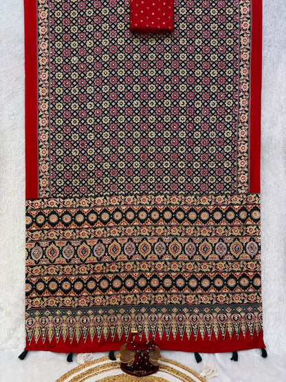 Soft Satin Crepe Ajrakh Print Mirror Work Saree