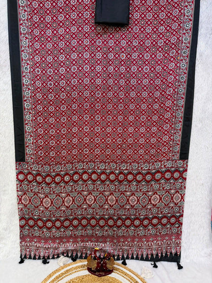 Soft Satin Crepe Ajrakh Print Mirror Work Saree