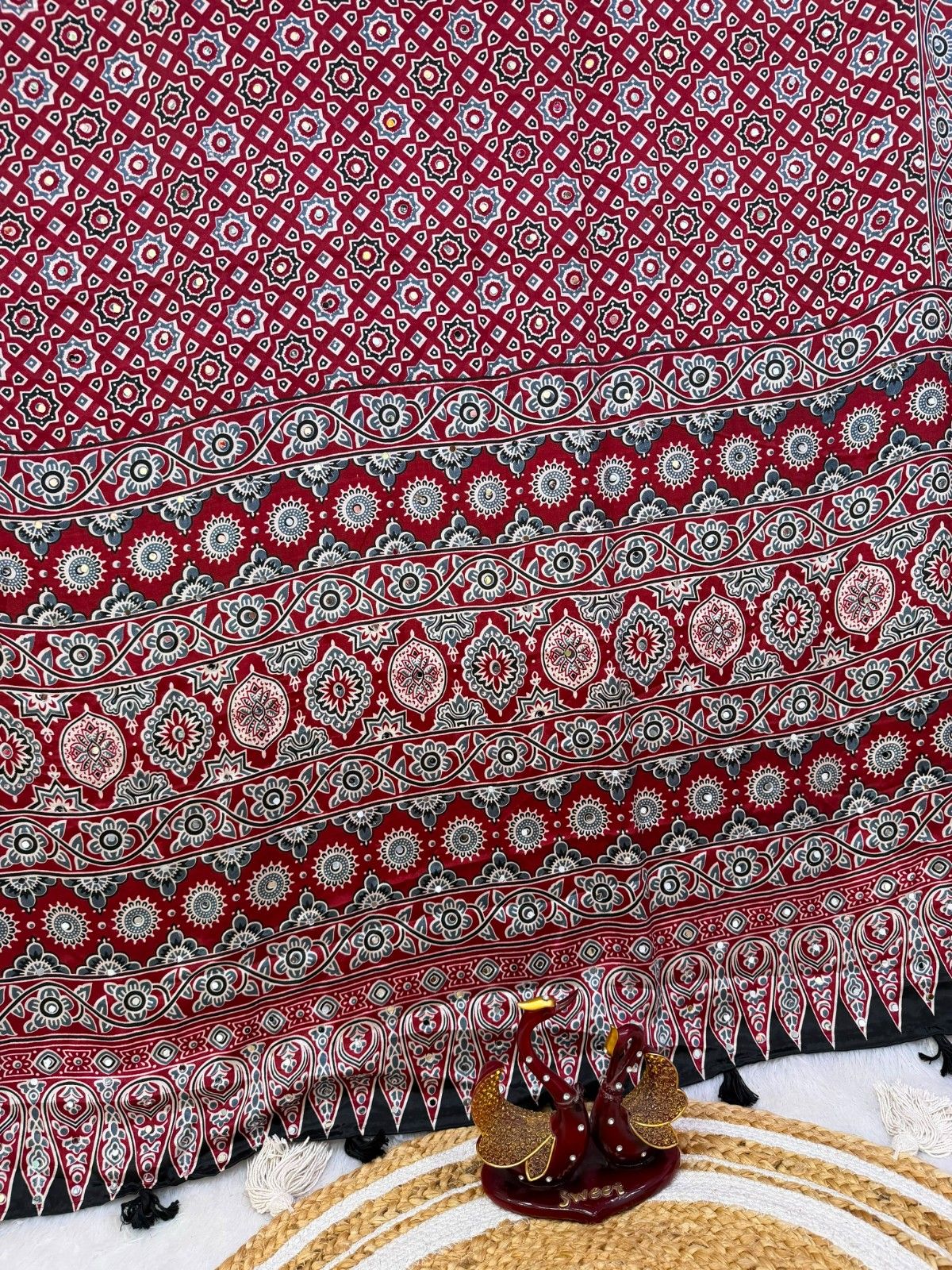 Soft Satin Crepe Ajrakh Print Mirror Work Saree