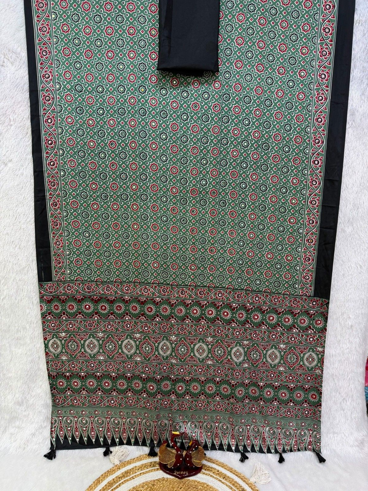 Soft Satin Crepe Ajrakh Print Mirror Work Saree