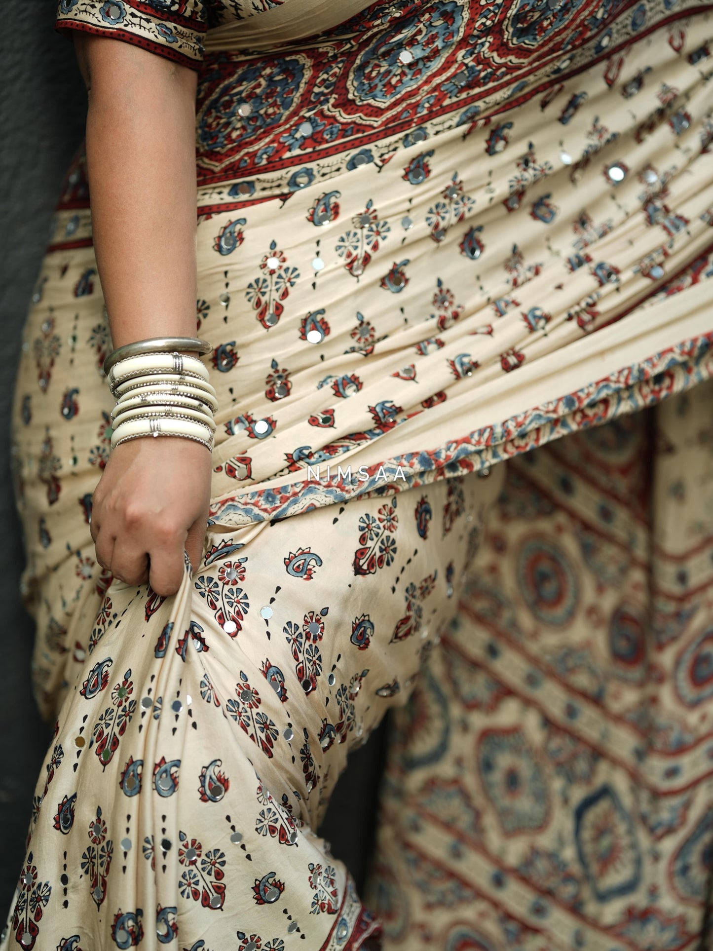 Heavy Japan Satin Ajrakh Print Saree with Real Mirror Work