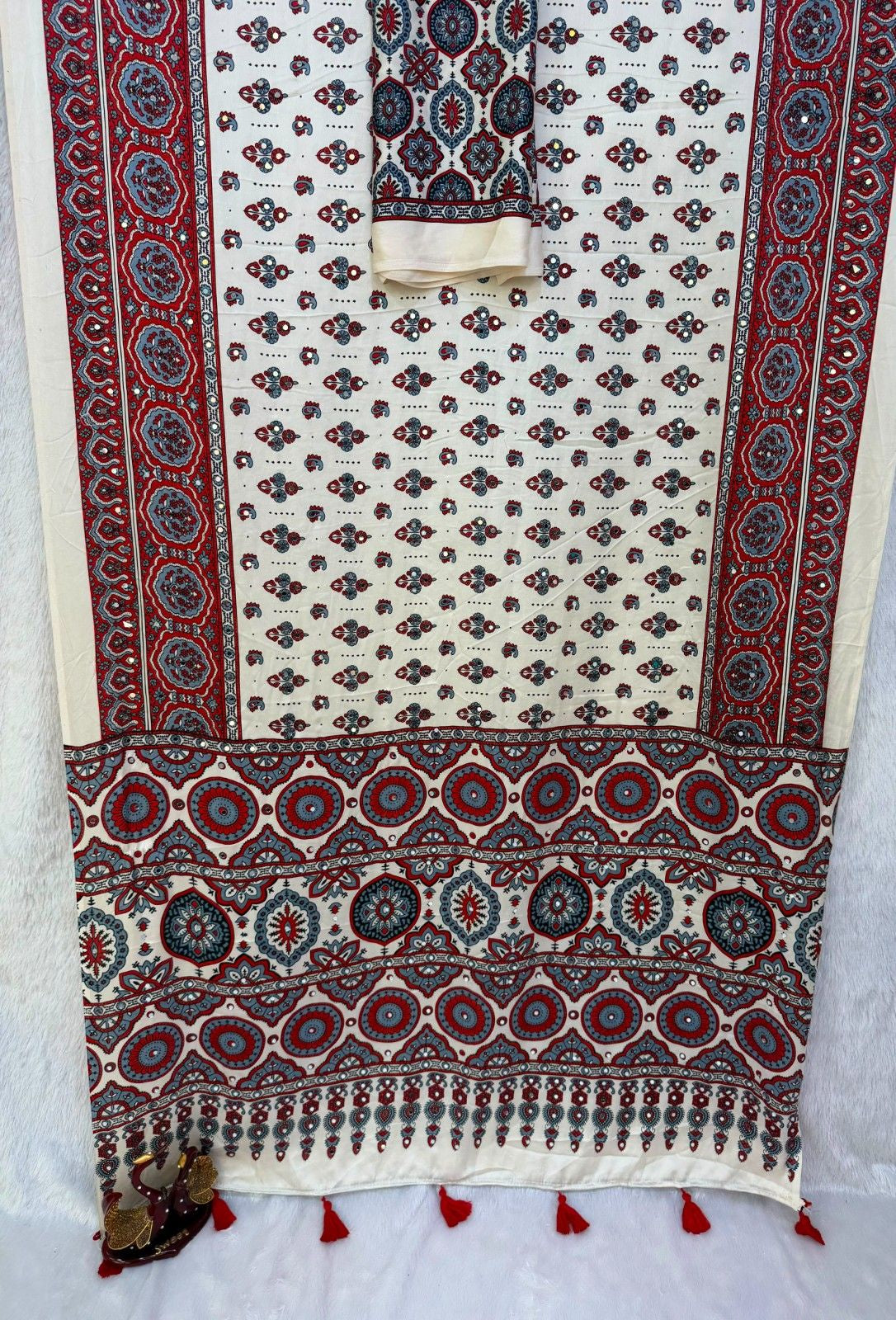 Heavy Japan Satin Ajrakh Print Saree with Real Mirror Work
