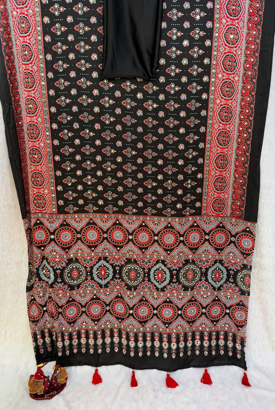 Heavy Japan Satin Ajrakh Print Saree with Real Mirror Work