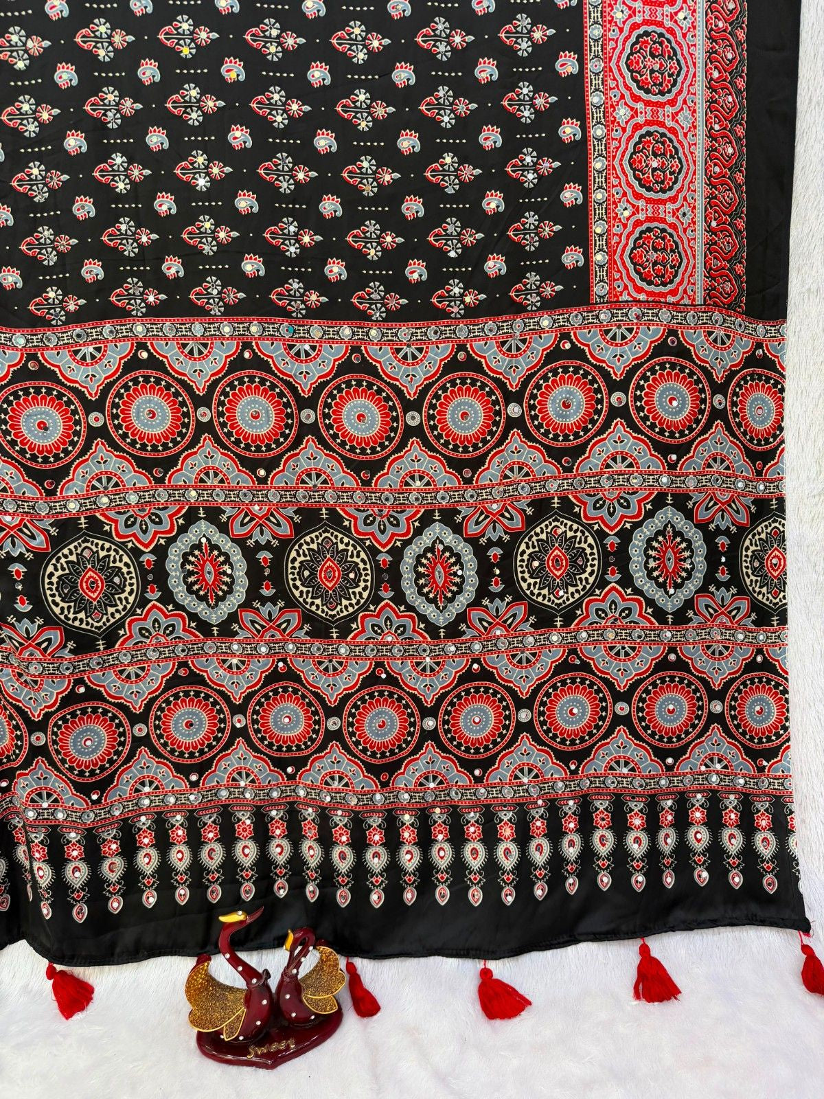 Heavy Japan Satin Ajrakh Print Saree with Real Mirror Work