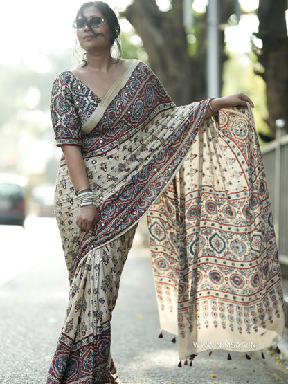Heavy Japan Satin Ajrakh Print Saree with Real Mirror Work