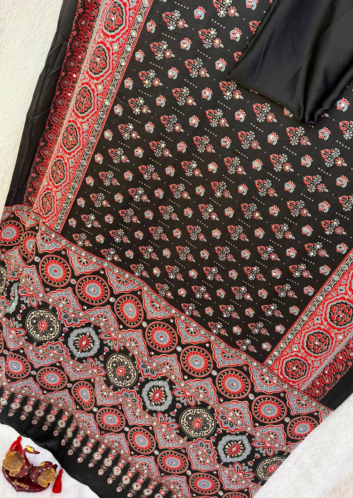 Heavy Japan Satin Ajrakh Print Saree with Real Mirror Work