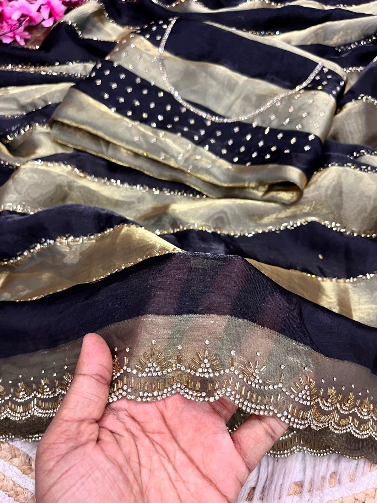 Luxury Space Soft Silk Blooming Saree with Elegant Jarkan & Swarovski Work