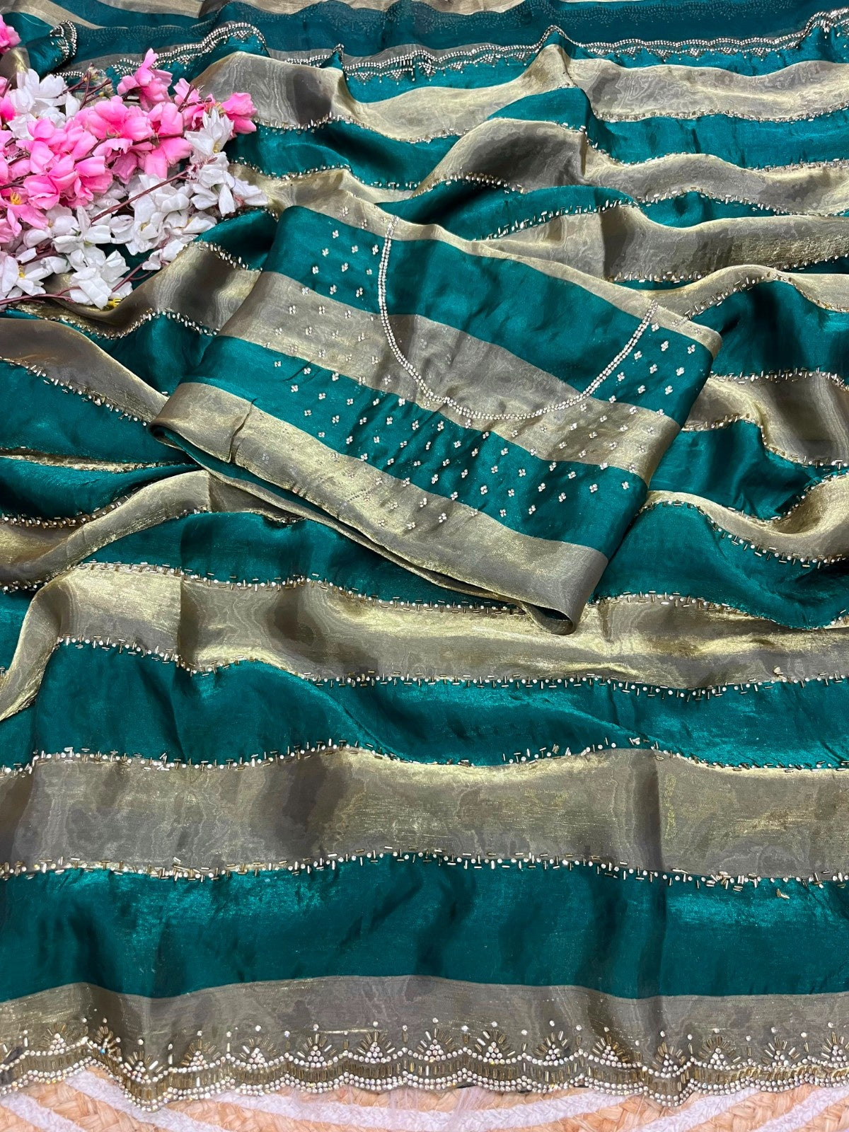 Luxury Space Soft Silk Blooming Saree with Elegant Jarkan & Swarovski Work