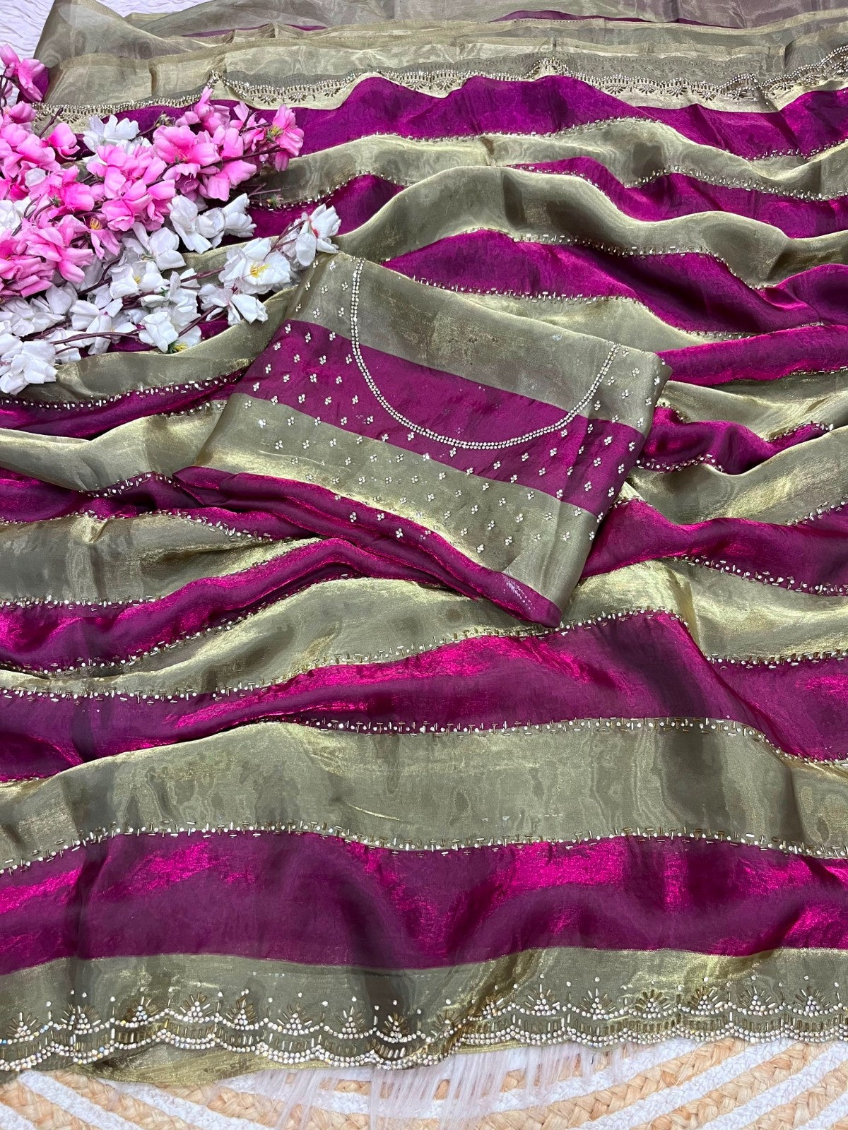 Luxury Space Soft Silk Blooming Saree with Elegant Jarkan & Swarovski Work