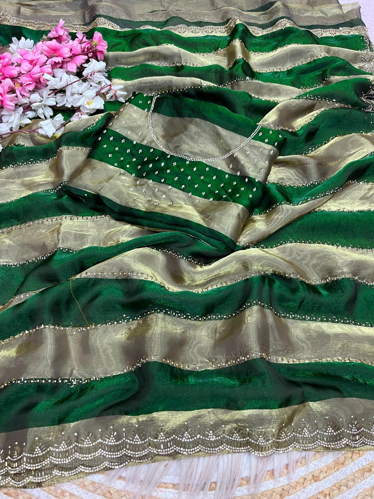 Luxury Space Soft Silk Blooming Saree with Elegant Jarkan & Swarovski Work