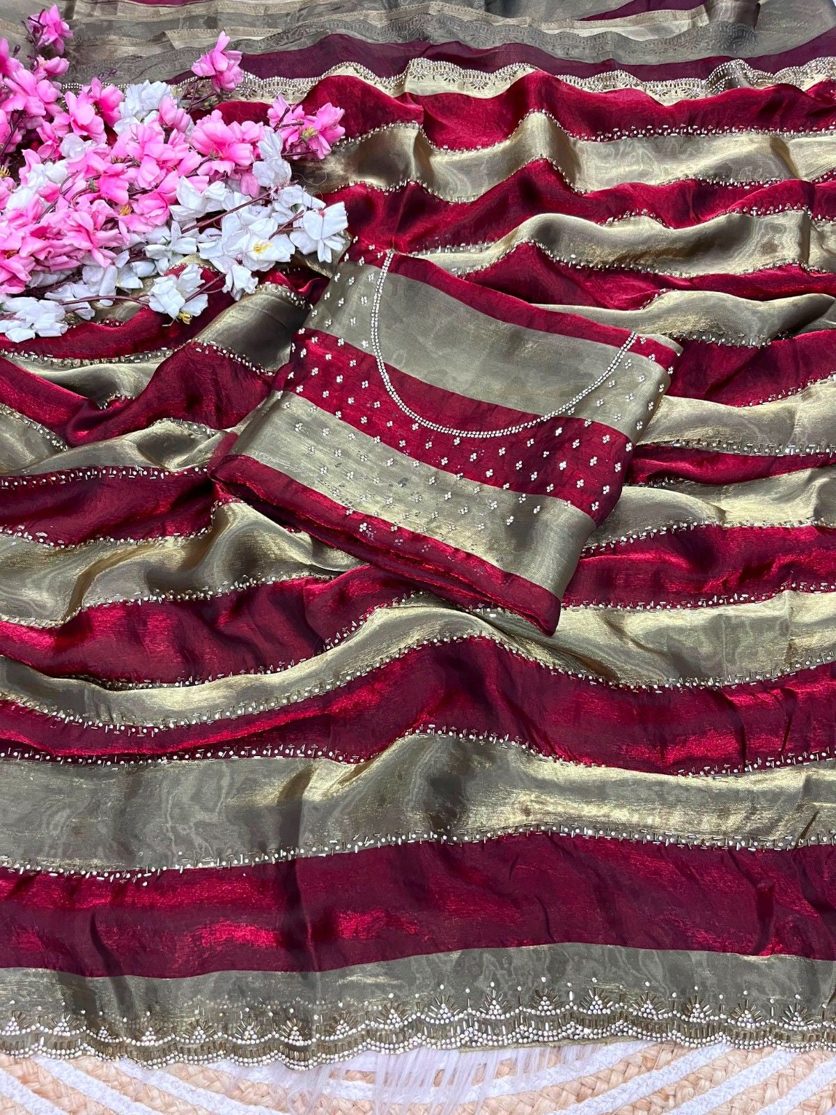 Luxury Space Soft Silk Blooming Saree with Elegant Jarkan & Swarovski Work