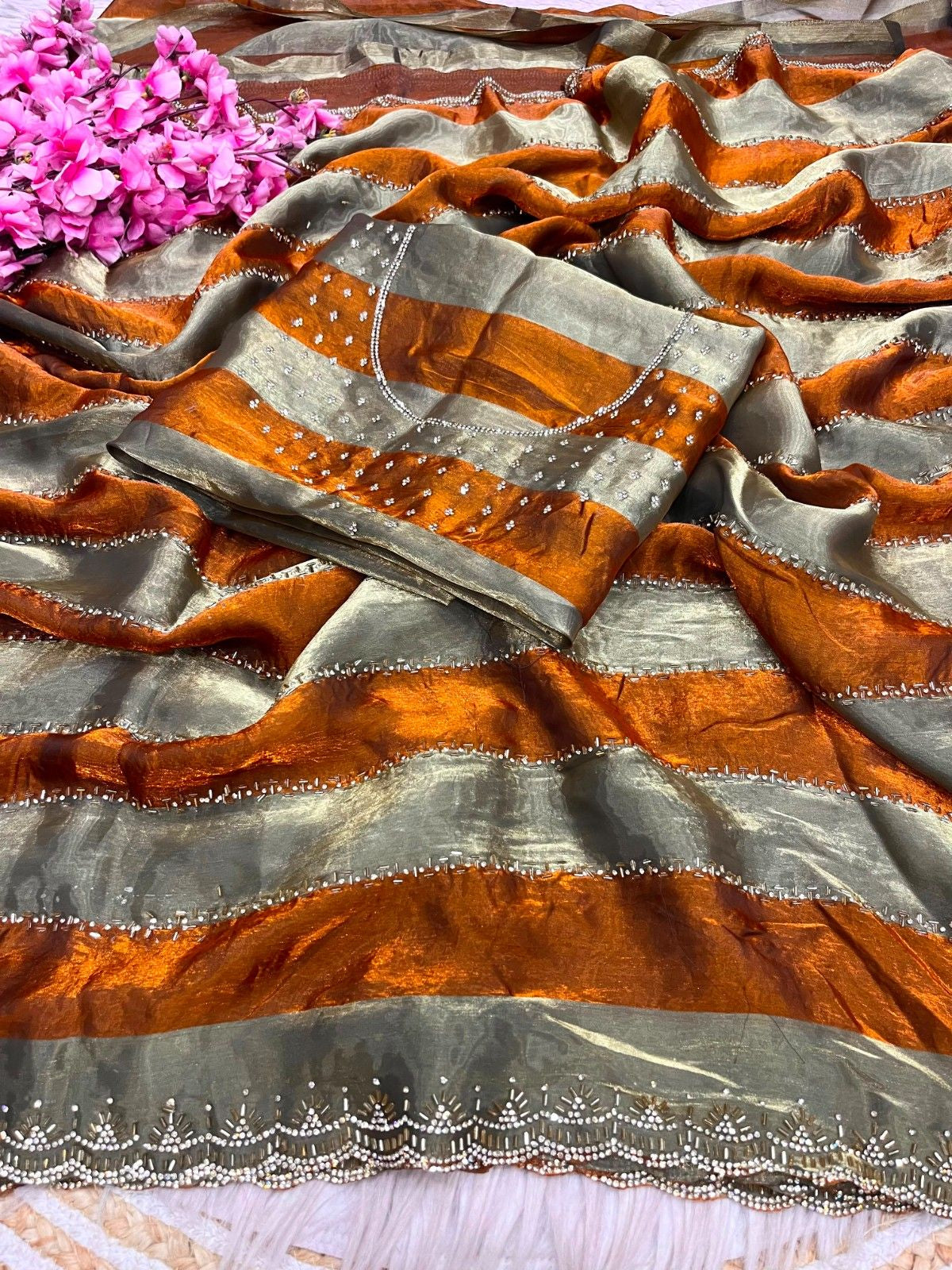 Luxury Space Soft Silk Blooming Saree with Elegant Jarkan & Swarovski Work