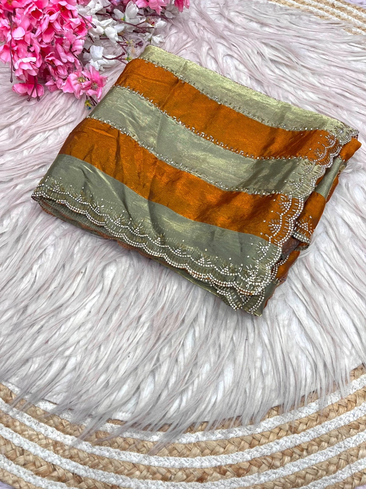 Luxury Space Soft Silk Blooming Saree with Elegant Jarkan & Swarovski Work