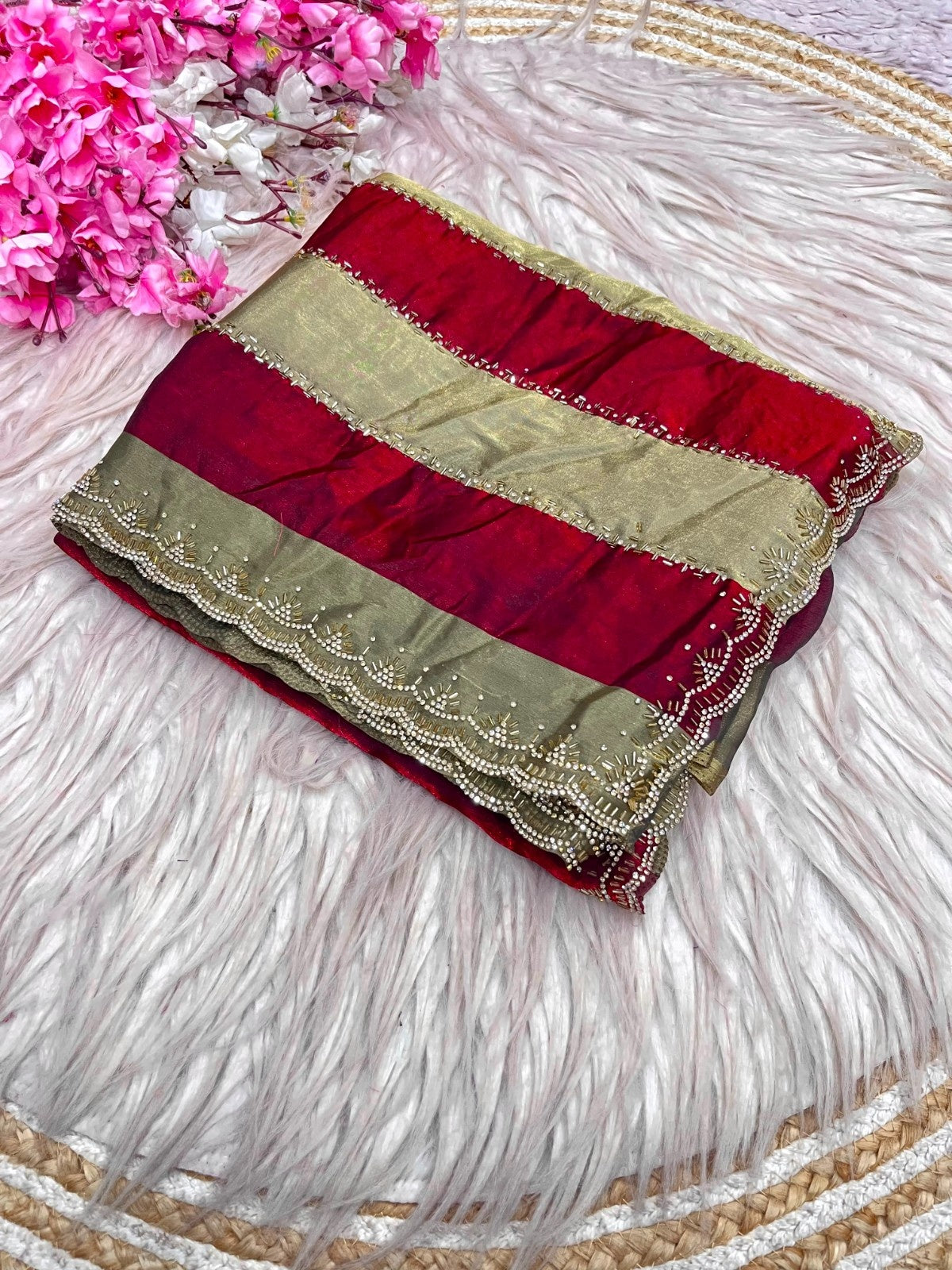 Luxury Space Soft Silk Blooming Saree with Elegant Jarkan & Swarovski Work