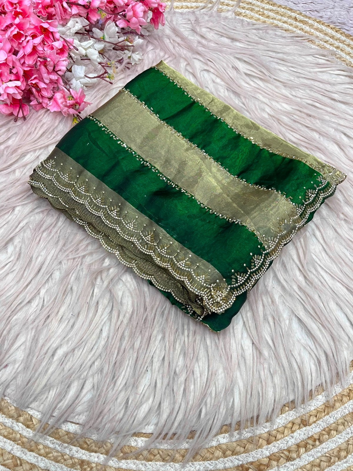 Luxury Space Soft Silk Blooming Saree with Elegant Jarkan & Swarovski Work