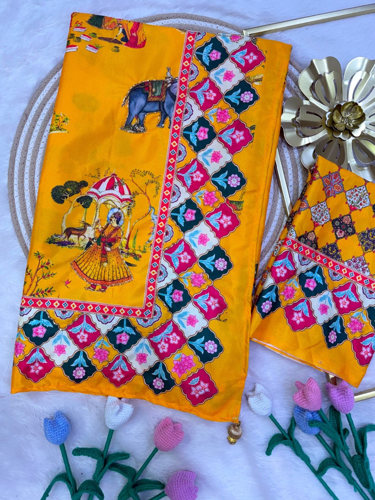 Premium Soft Crepe Satin Pichwai Print Saree with Katdana Handwork & Fancy Tassel Pallu