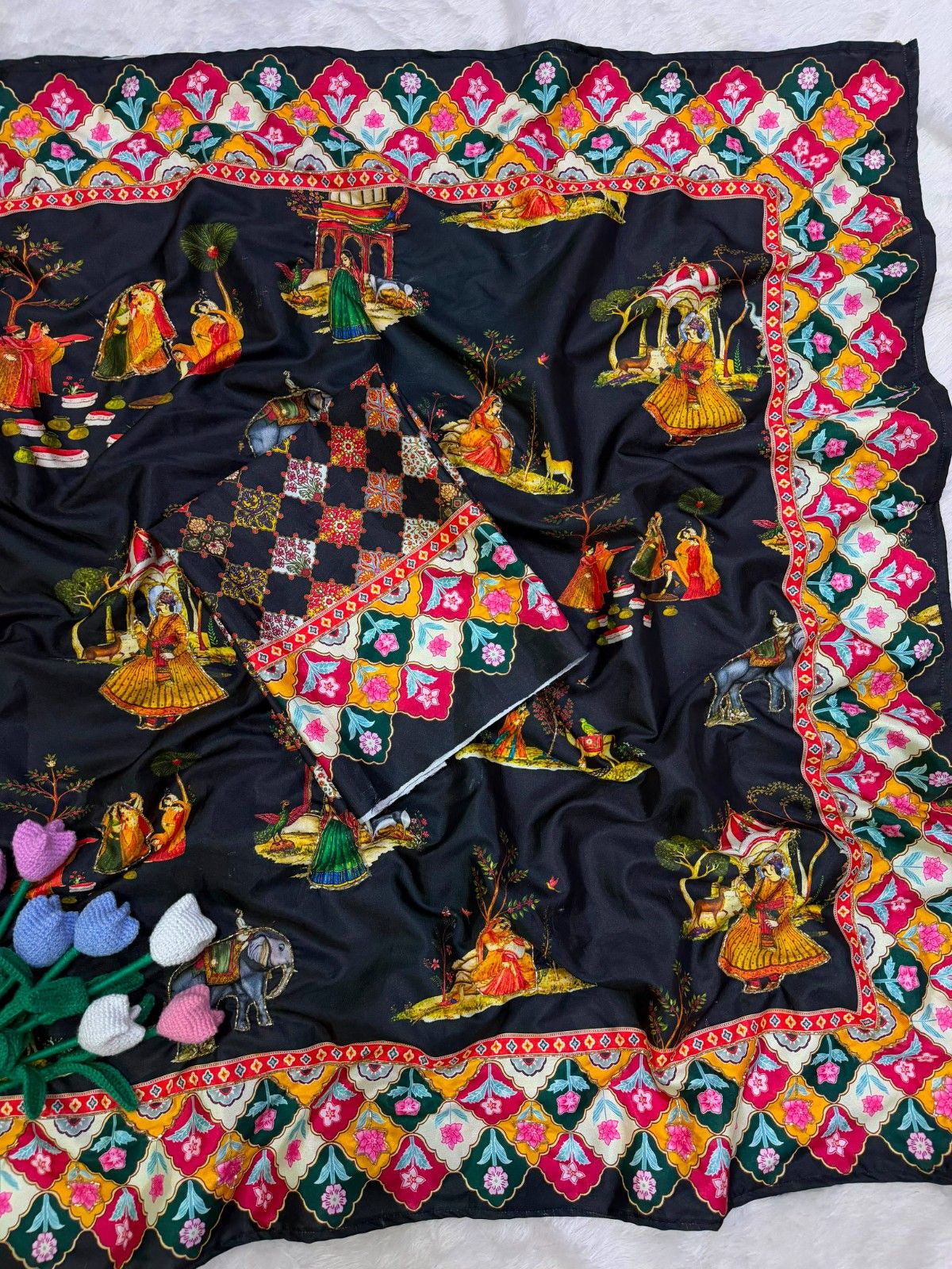 Premium Soft Crepe Satin Pichwai Print Saree with Katdana Handwork & Fancy Tassel Pallu