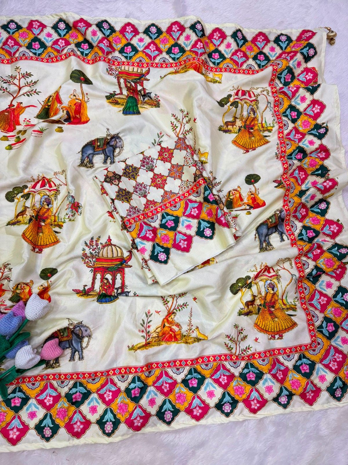 Premium Soft Crepe Satin Pichwai Print Saree with Katdana Handwork & Fancy Tassel Pallu