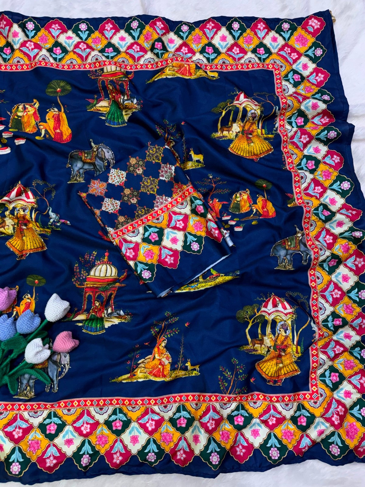 Premium Soft Crepe Satin Pichwai Print Saree with Katdana Handwork & Fancy Tassel Pallu