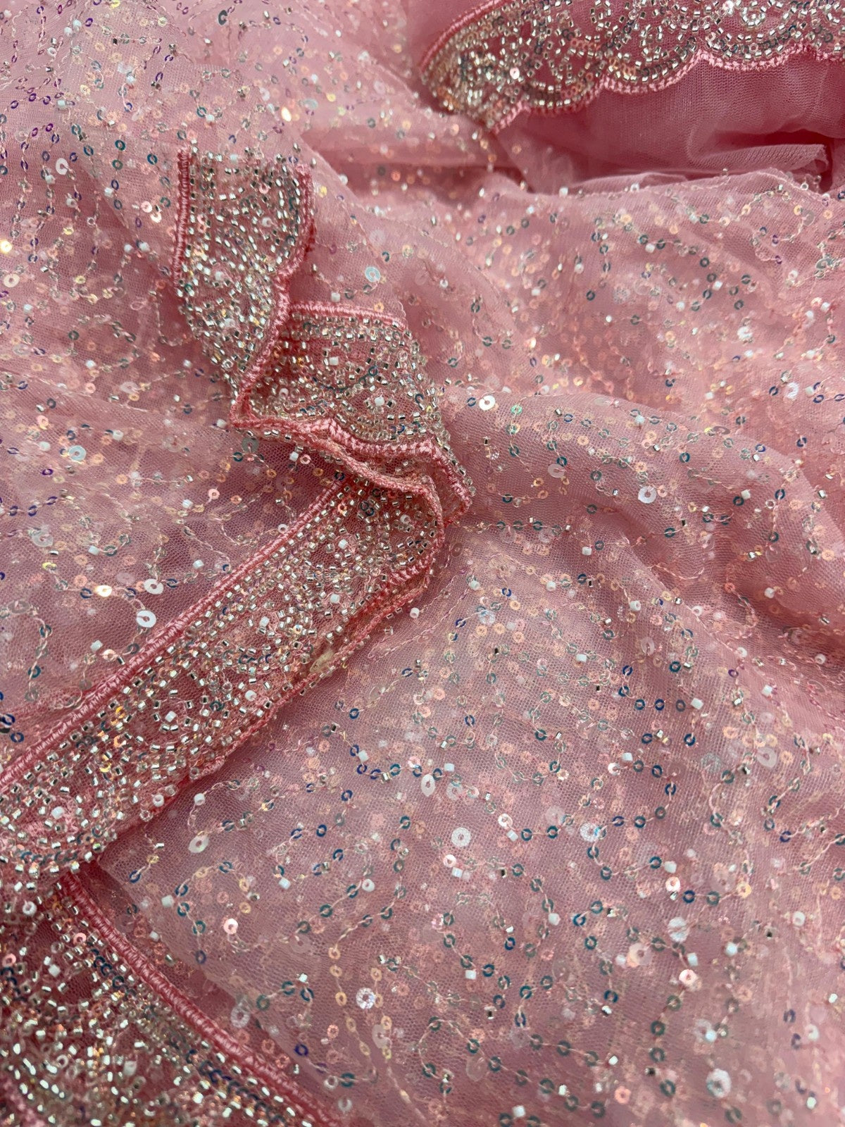 Wedding Wear Soft Net Sequins & Beads Work Saree with Designer Border