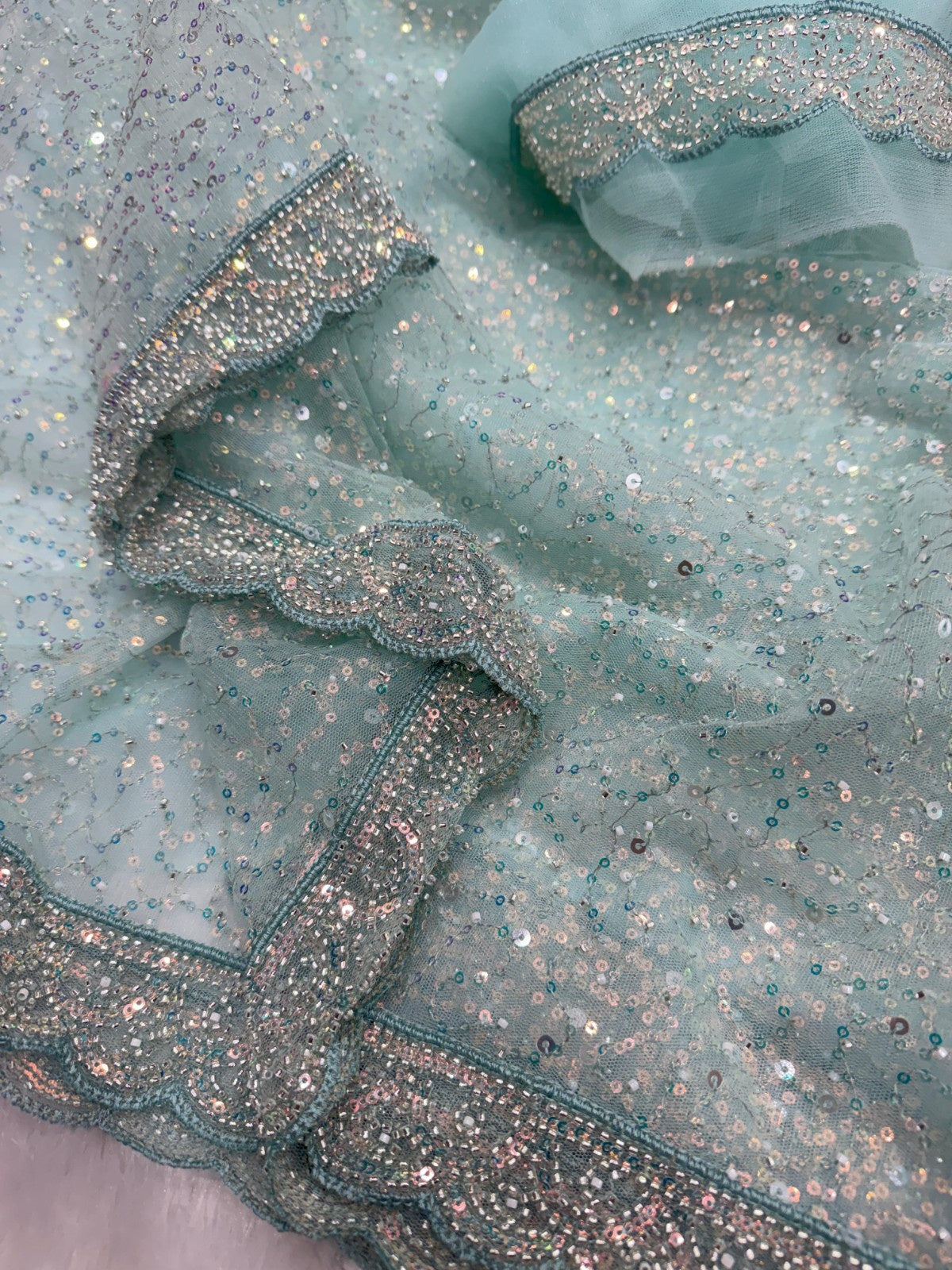 Wedding Wear Soft Net Sequins & Beads Work Saree with Designer Border
