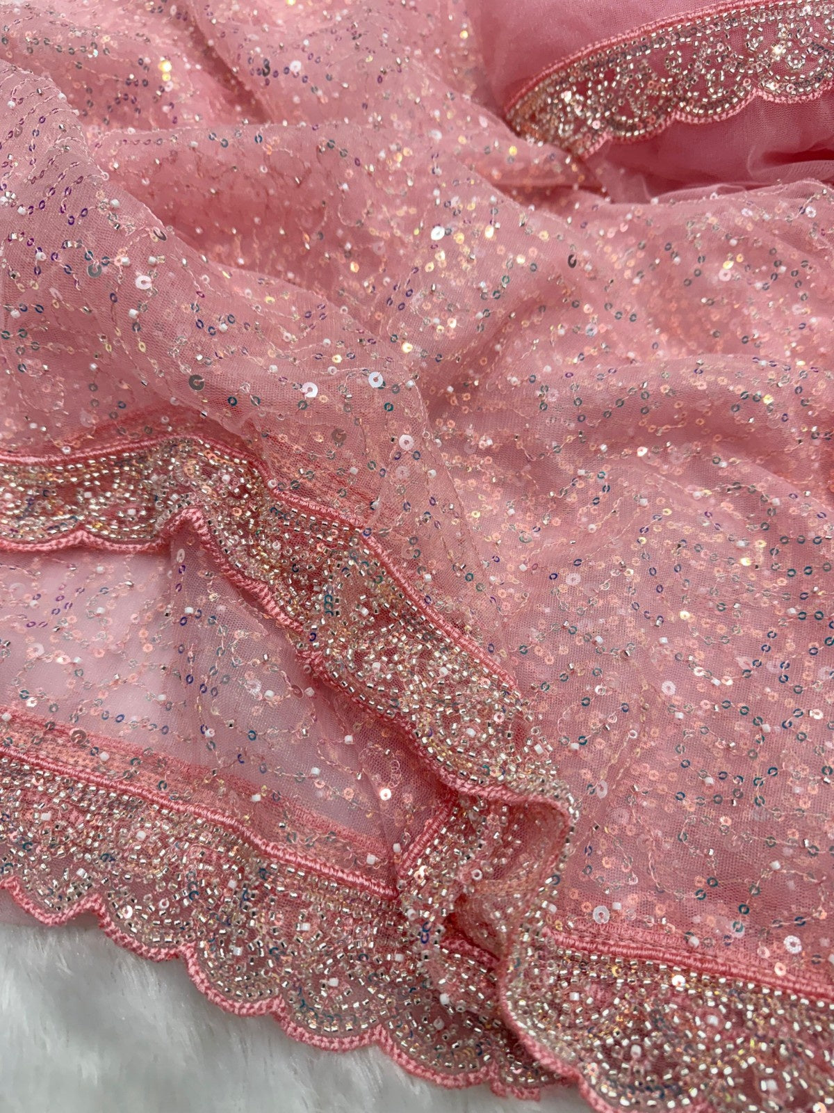 Wedding Wear Soft Net Sequins & Beads Work Saree with Designer Border