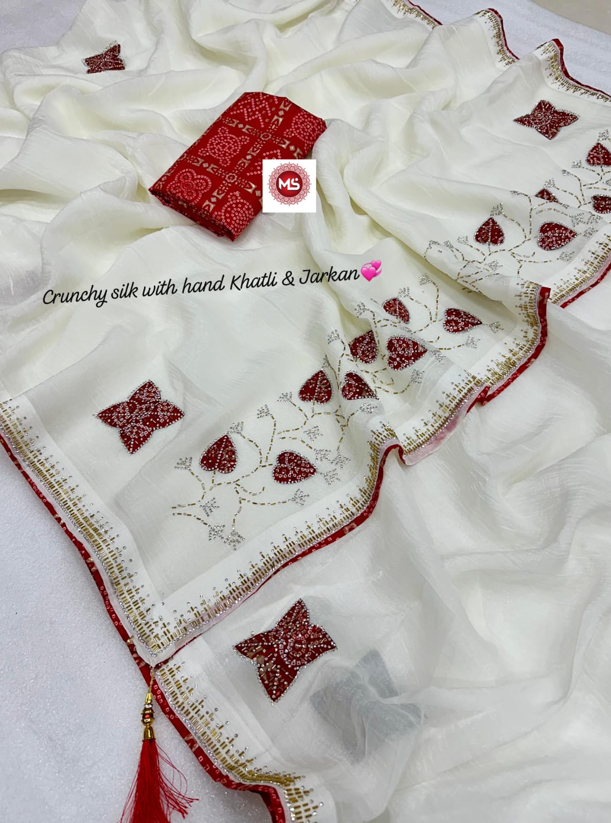 Premium Crunchy Silk Bandhani Designer Saree with Cutdana, Moti & Jarkan Handwork