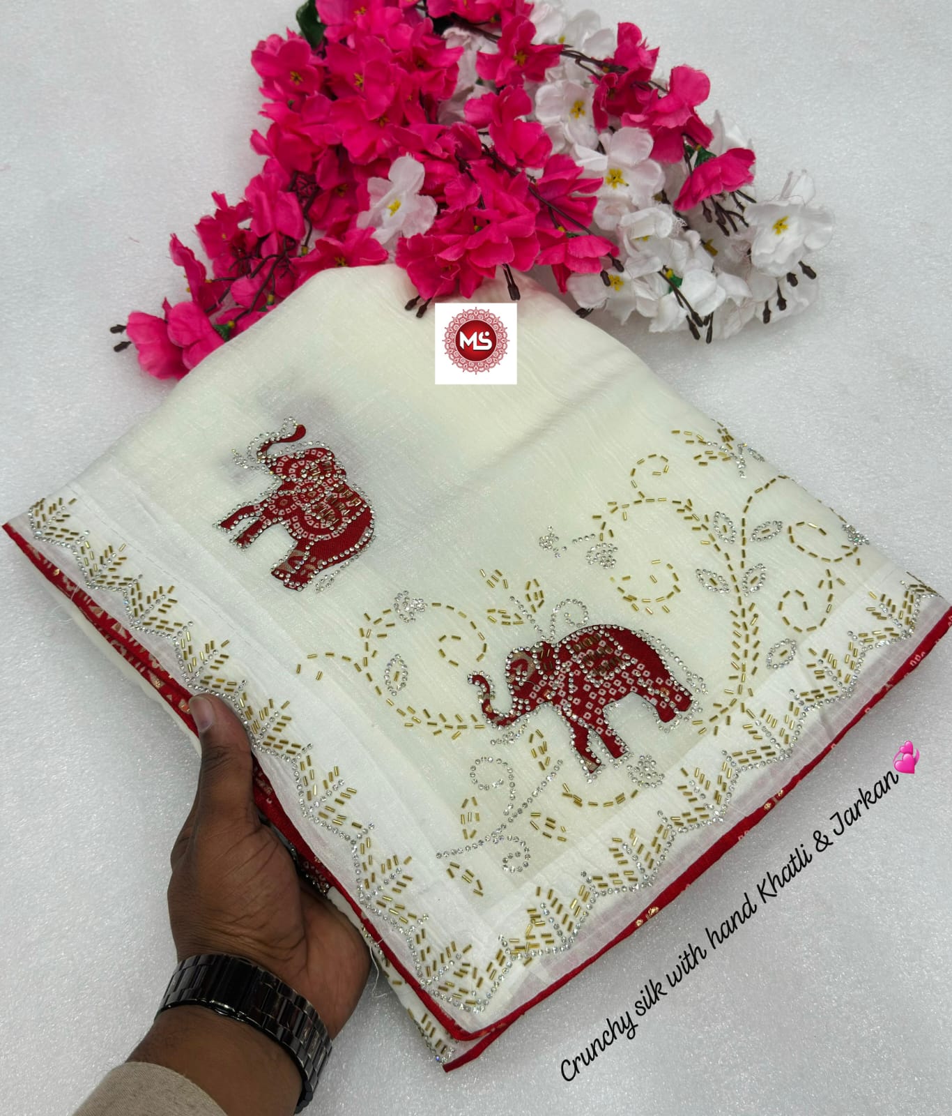 Premium Crunchy Silk Bandhani Designer Saree with Cutdana, Moti & Jarkan Handwork