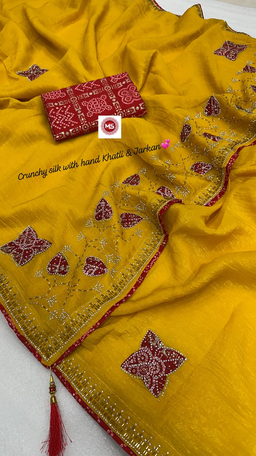 Premium Crunchy Silk Bandhani Designer Saree with Cutdana, Moti & Jarkan Handwork