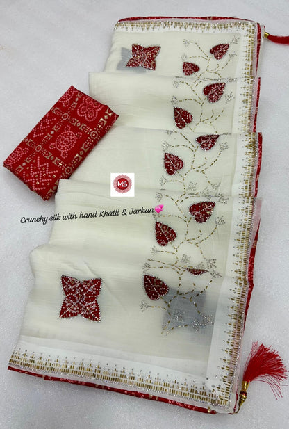 Premium Crunchy Silk Bandhani Designer Saree with Cutdana, Moti & Jarkan Handwork