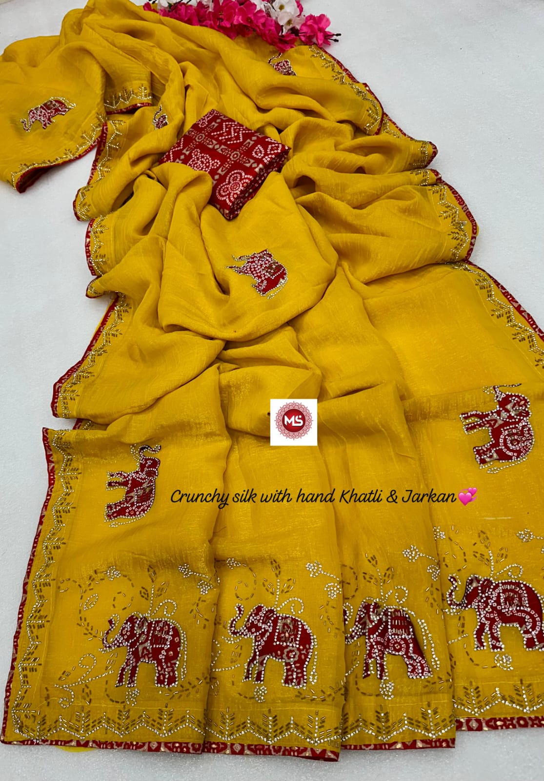 Premium Crunchy Silk Bandhani Designer Saree with Cutdana, Moti & Jarkan Handwork