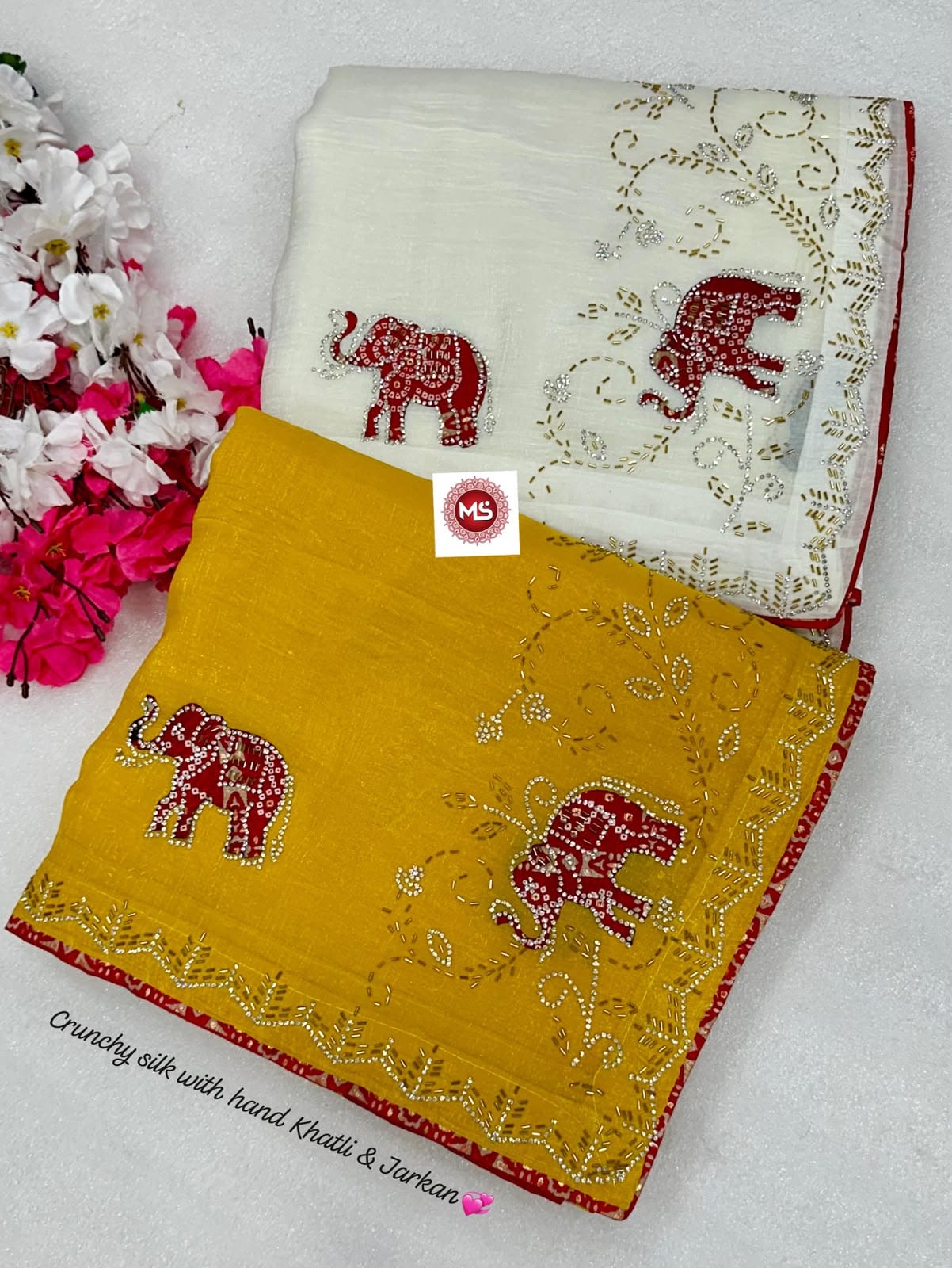 Premium Crunchy Silk Bandhani Designer Saree with Cutdana, Moti & Jarkan Handwork
