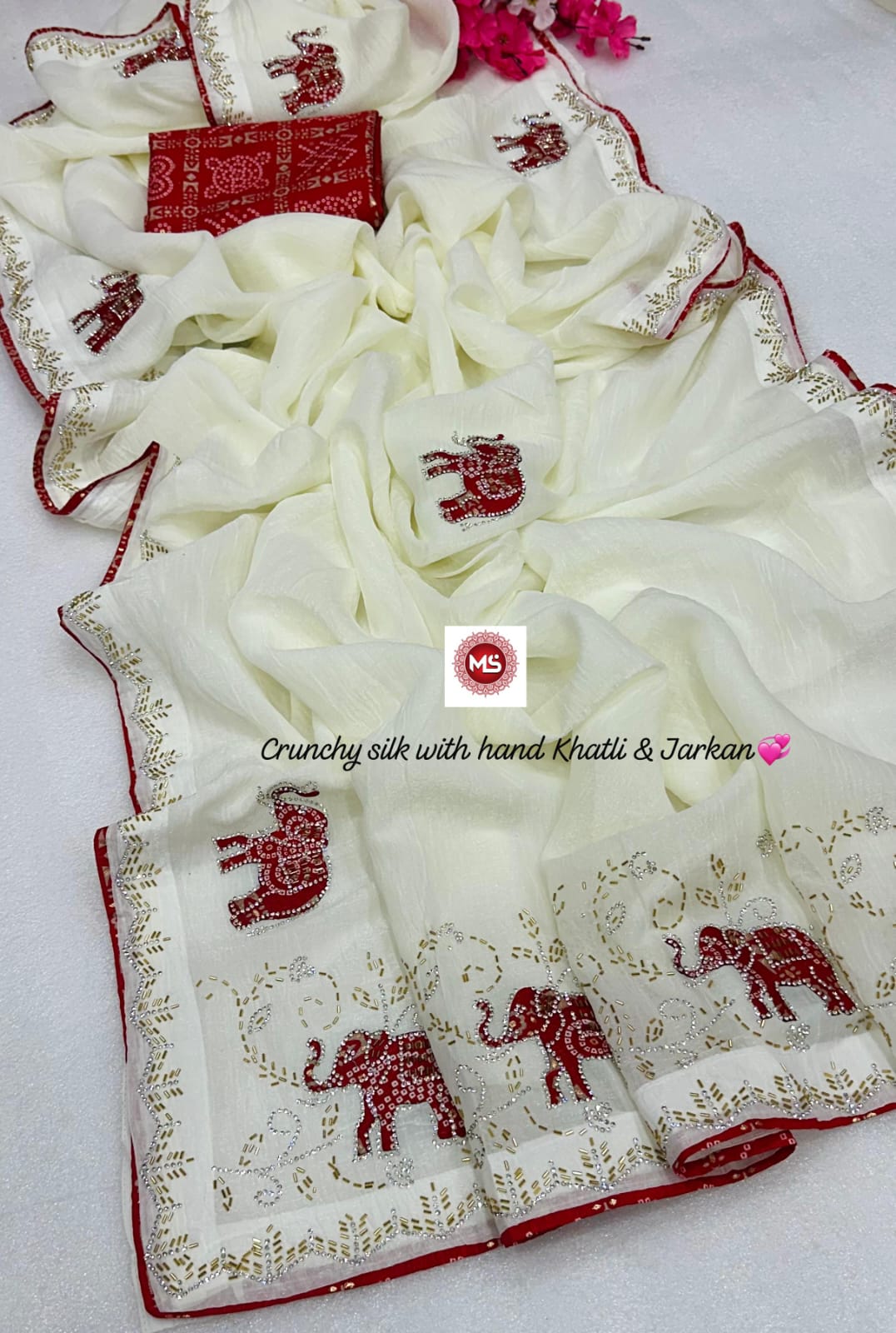 Premium Crunchy Silk Bandhani Designer Saree with Cutdana, Moti & Jarkan Handwork