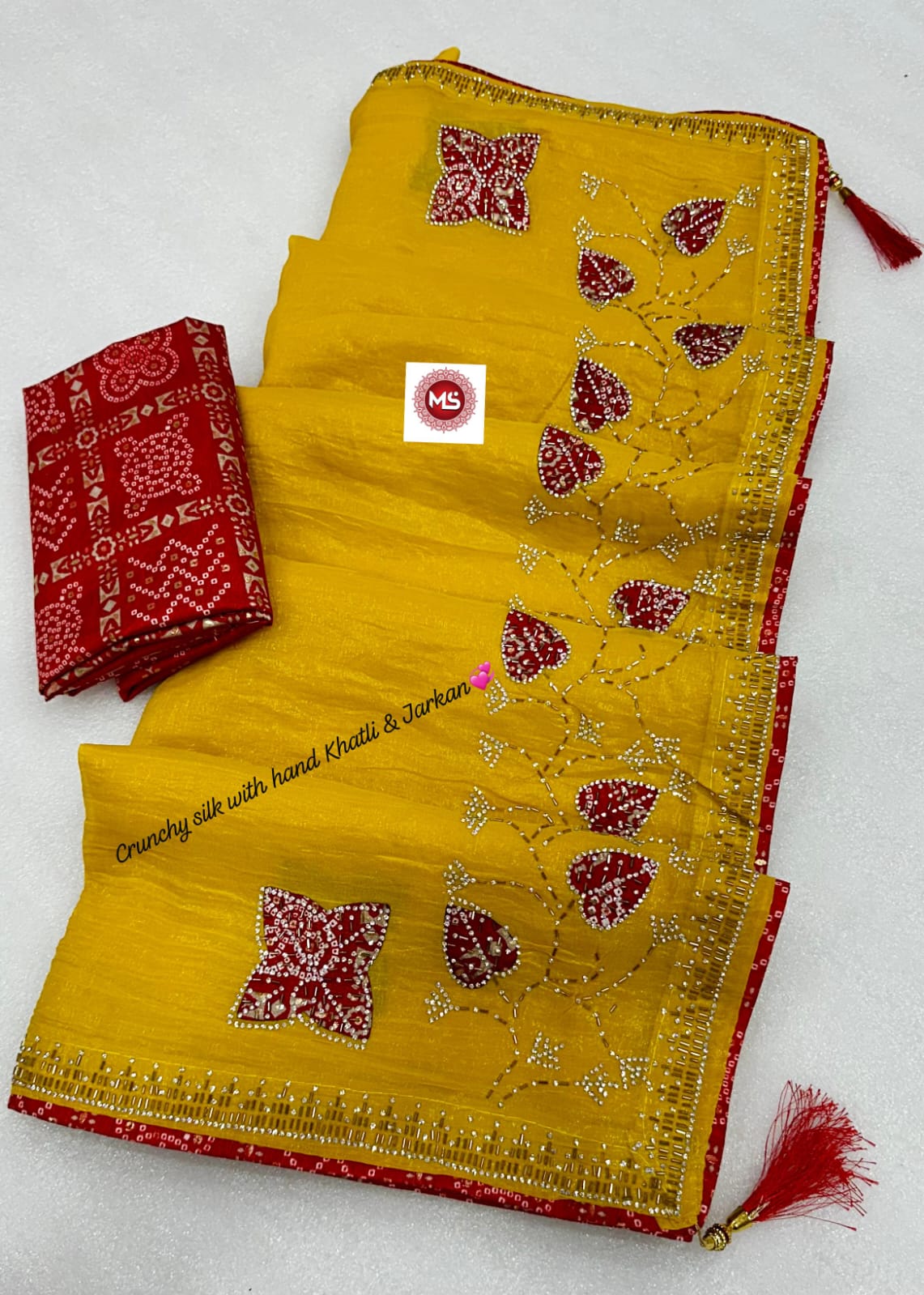 Premium Crunchy Silk Bandhani Designer Saree with Cutdana, Moti & Jarkan Handwork