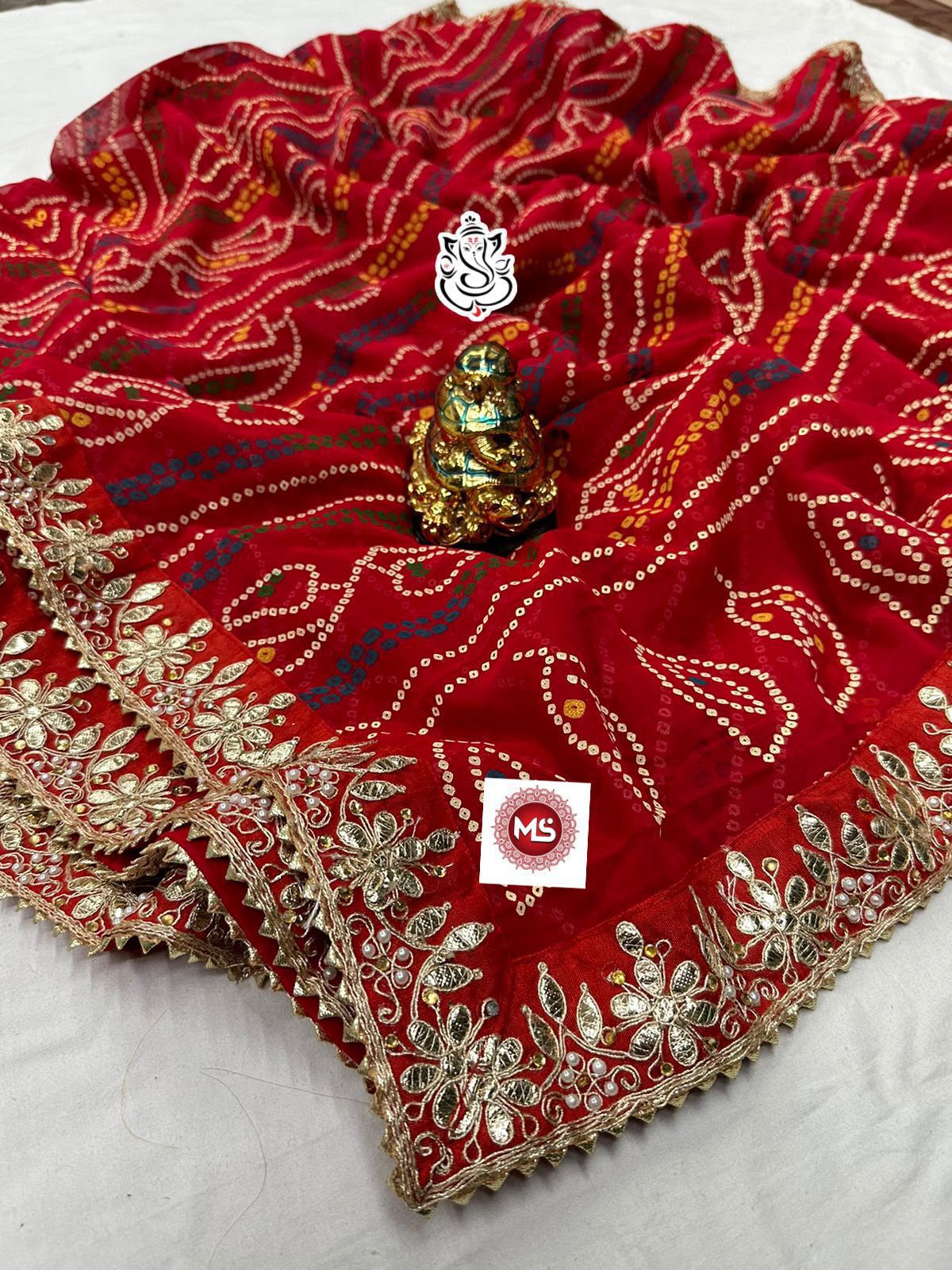 Special Saawan Red Bandhani Heavy Georgette Designer Saree with Gota Patti