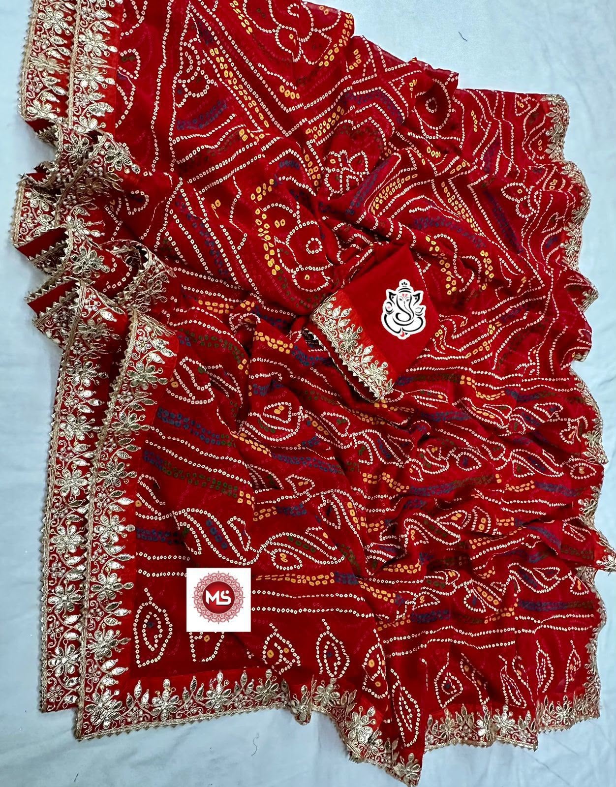 Special Saawan Red Bandhani Heavy Georgette Designer Saree with Gota Patti