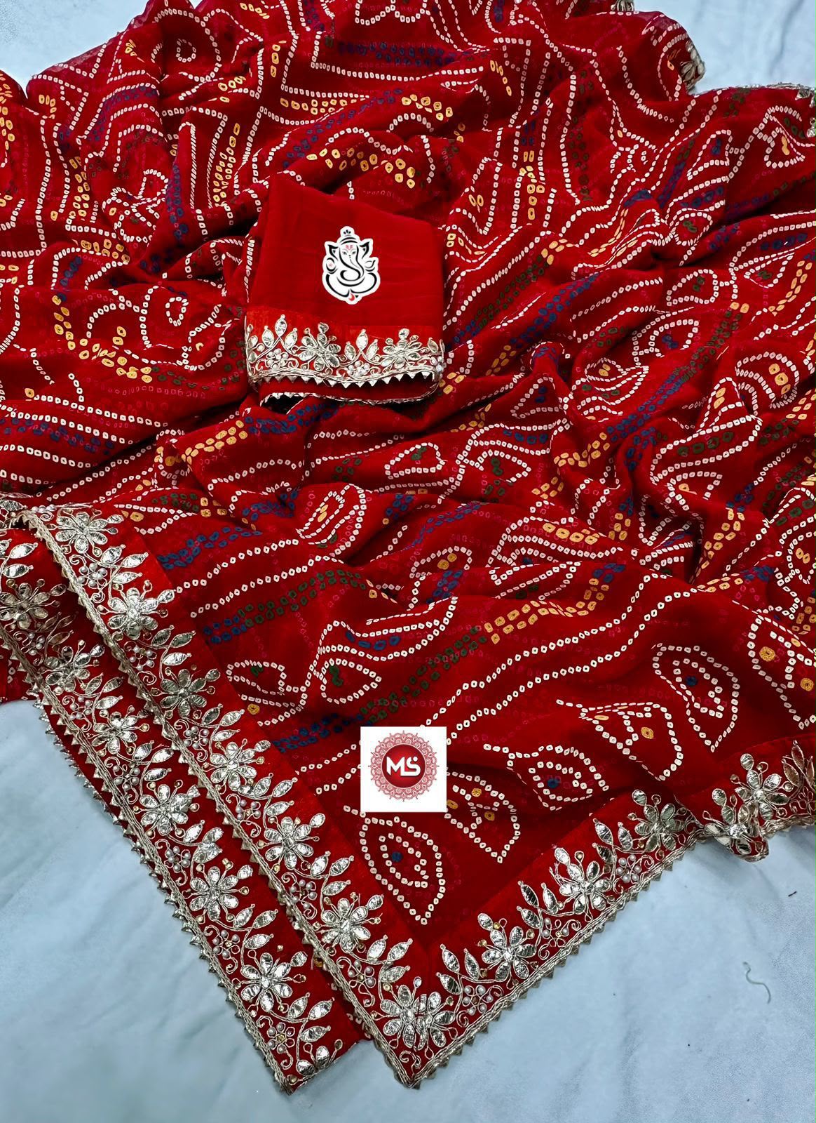 Special Saawan Red Bandhani Heavy Georgette Designer Saree with Gota Patti